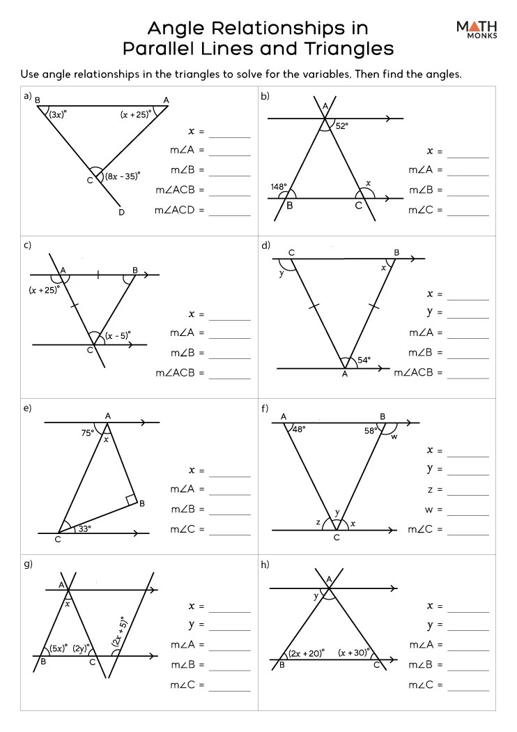 Angles in Parallel Lines Worksheets - Math Monks