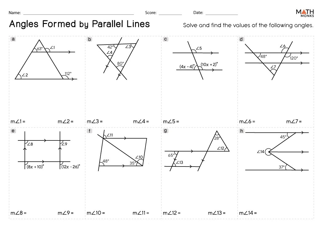 Angles in Parallel Lines Worksheets - Math Monks