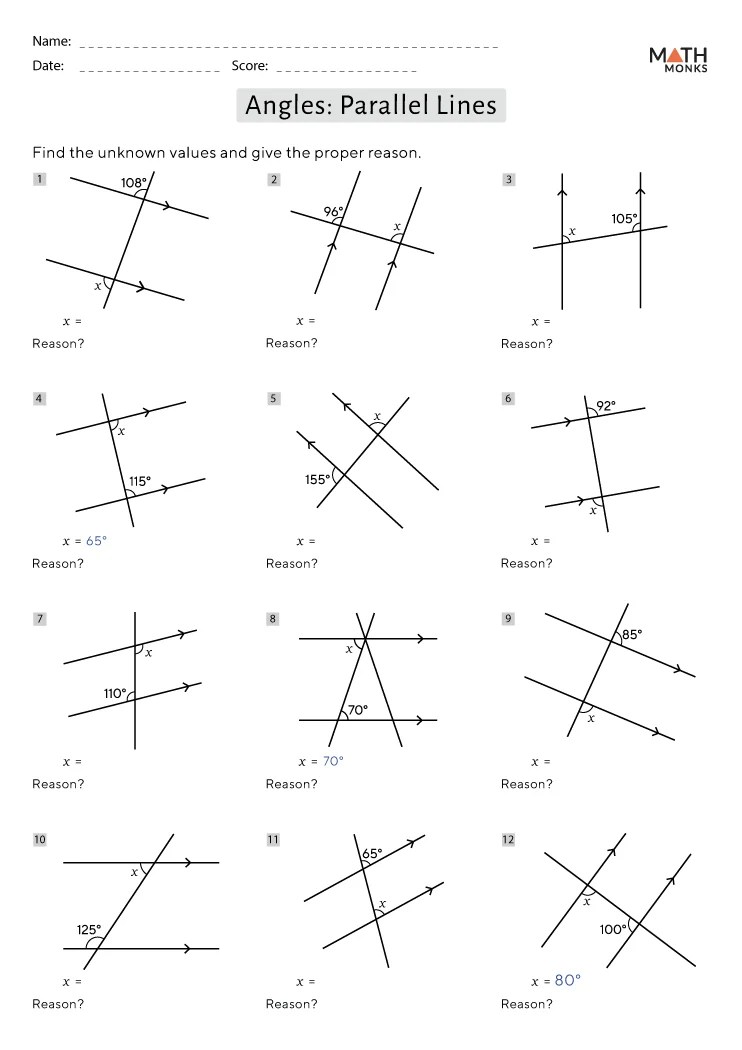 Angles in Parallel Lines Worksheets - Math Monks