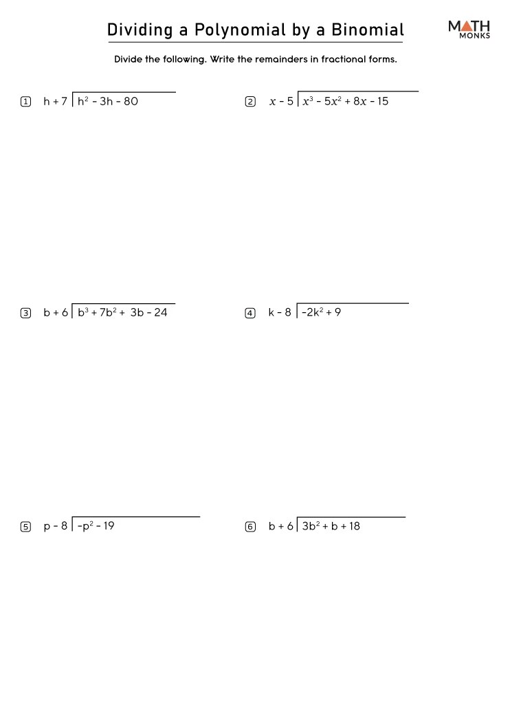 Dividing Binomials Worksheets - Math Monks