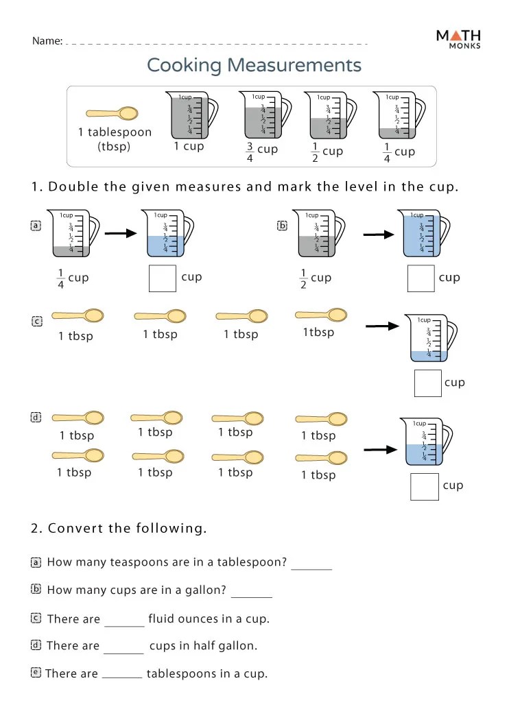 Kitchen Math Measuring Worksheets - Math Monks