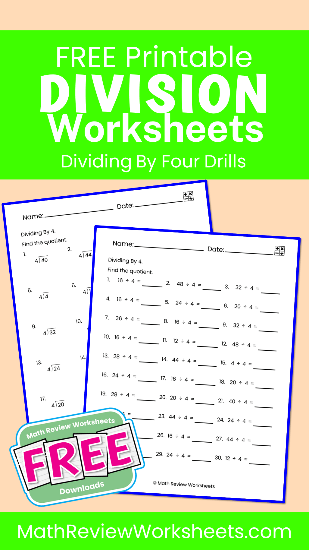 Dividing By 4 - Math Review Worksheets