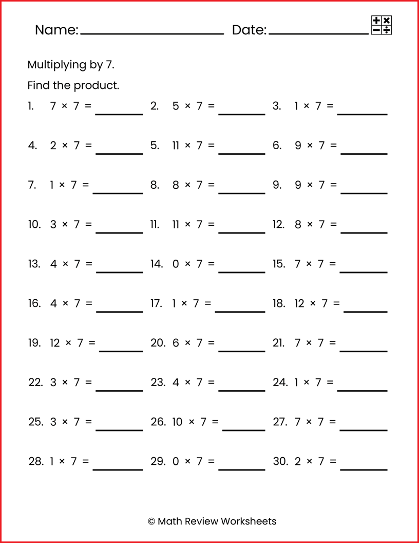 Multiplying By 7 - Math Review Worksheets