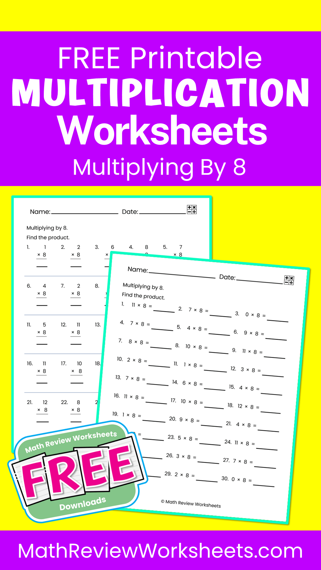 Multiplying By 8 - Math Review Worksheets