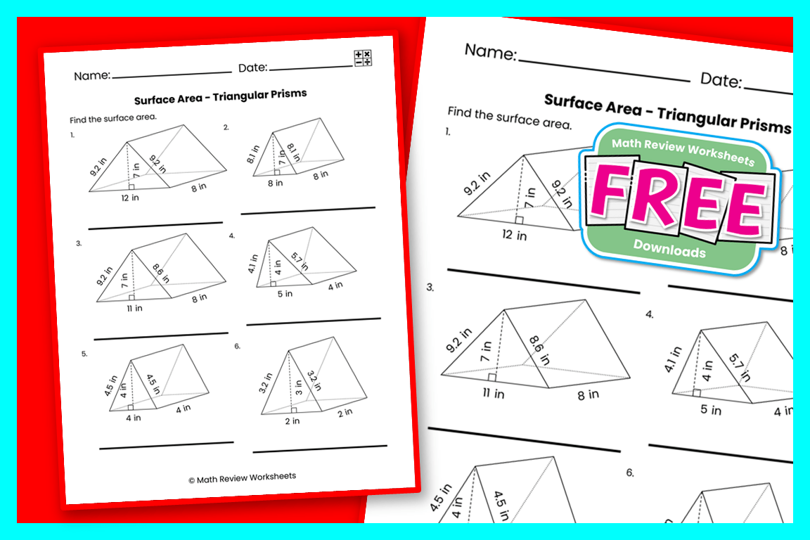 Surface Area - Triangular Prisms - Inches - Math Review Worksheets