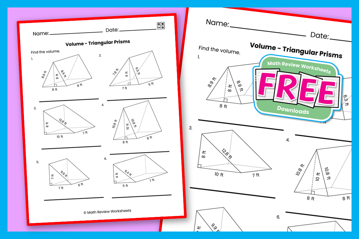Volume - Triangular Prisms - Feet - Math Review Worksheets