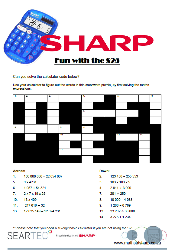 Calculator word Crossword Puzzle Maths At Sharp