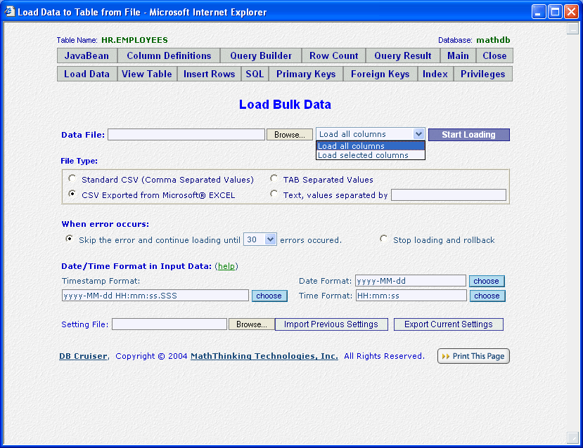 DB Cruiser Table Work Area Load Bulk Data