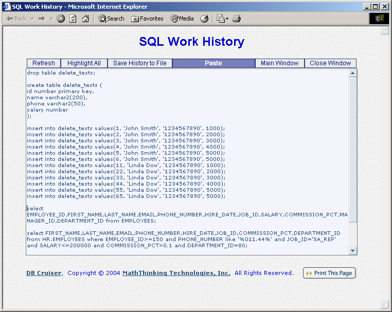 DB Cruiser SQL Work Area History