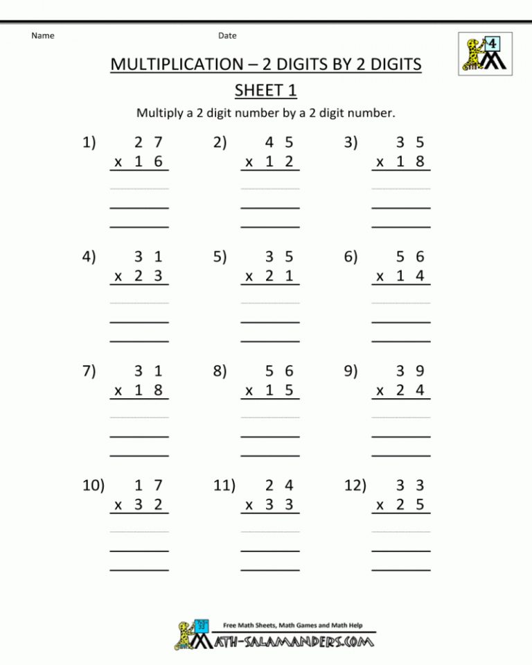 4Th Grade Math Worksheets Multiplication 2 Digits2 Math Worksheets