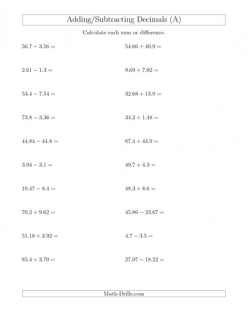 Free Printable 6th Grade Math Worksheets Adding Decimals Worksheet