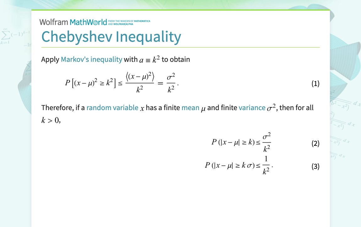 Chebyshev Inequality from Wolfram MathWorld