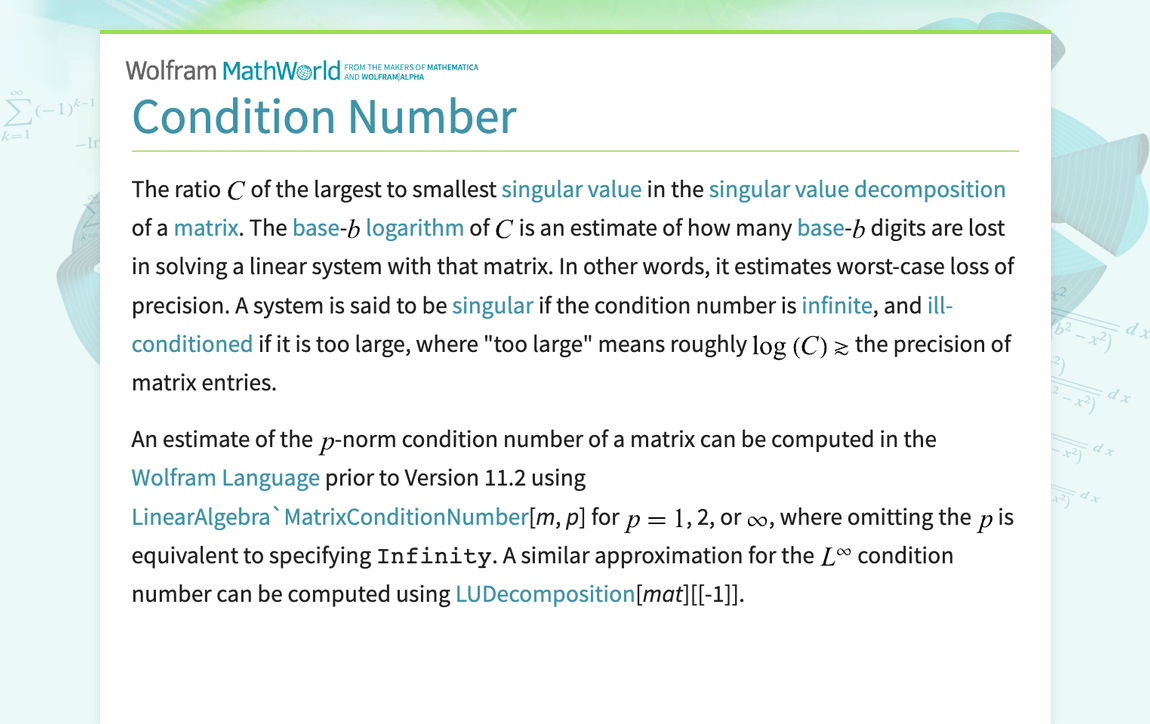 Condition Number from Wolfram MathWorld