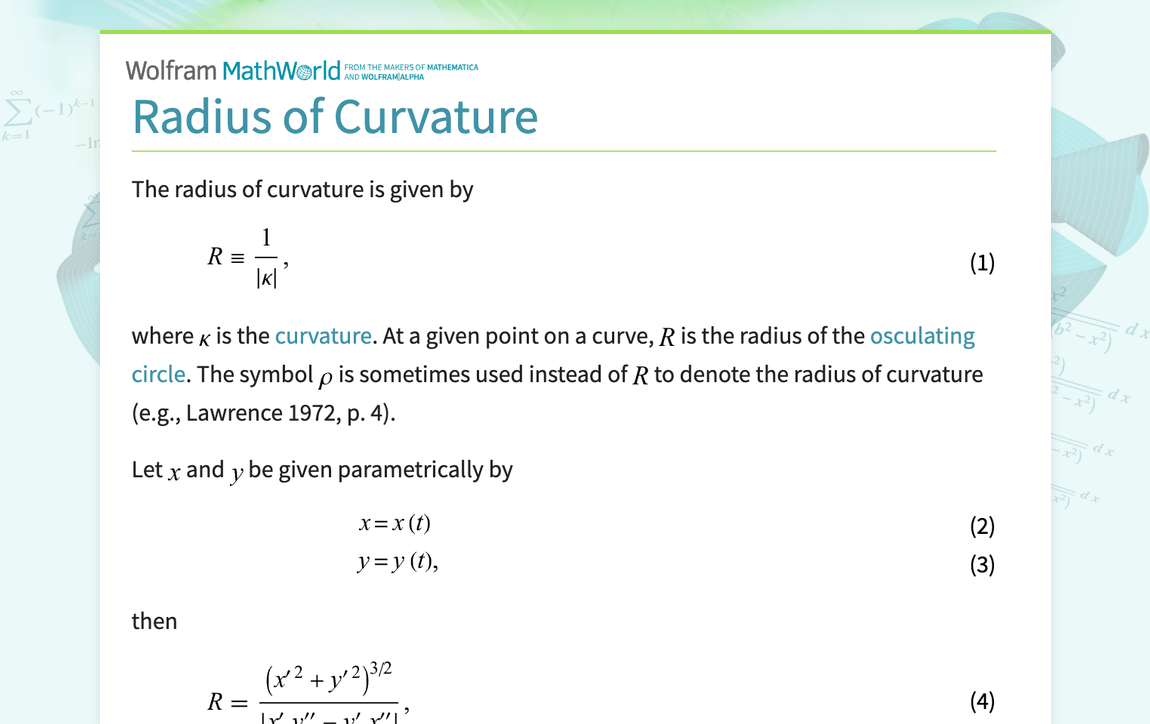 Radius of Curvature from Wolfram MathWorld