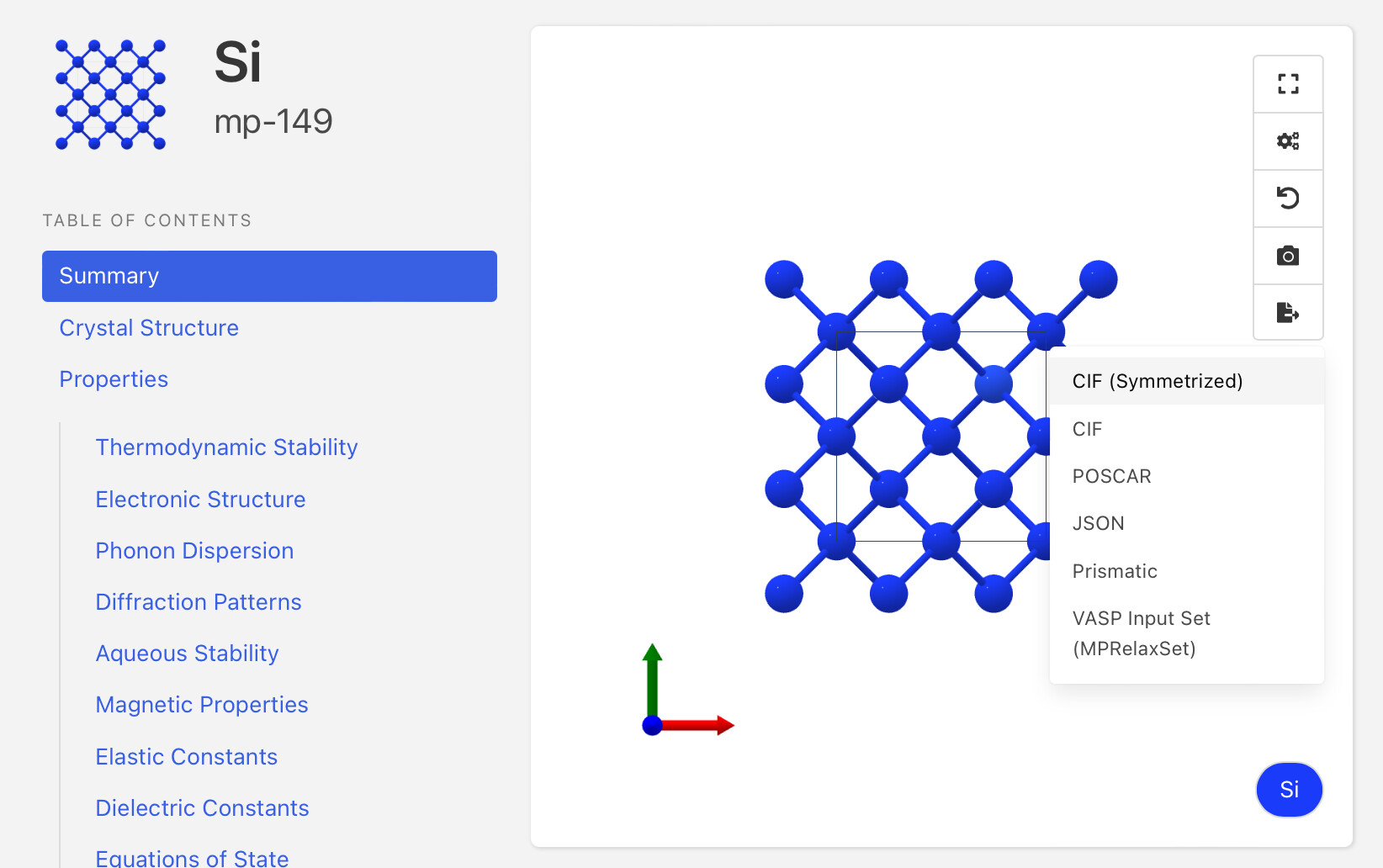 Finding and downloading a cif file Materials Project Materials
