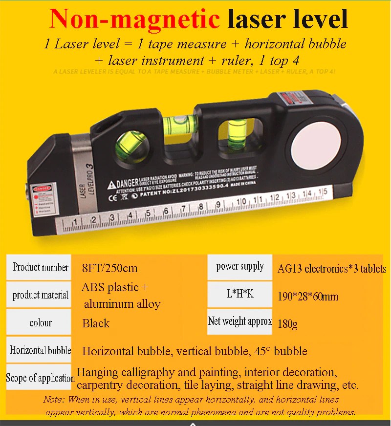 Laser Level Vertical Horizontal 2 Lines Lasers Ruler Measure Tape