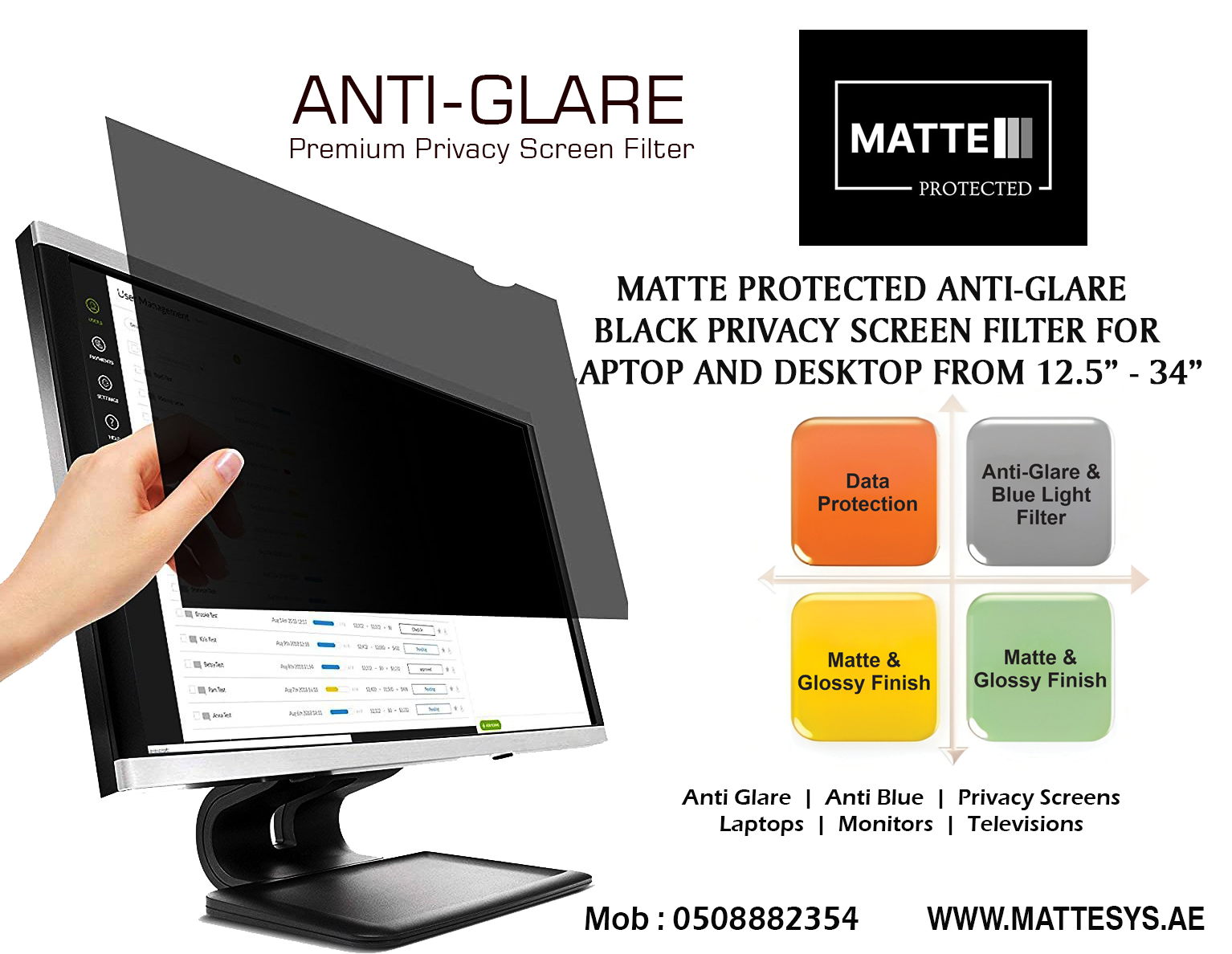 MATTE ANTIGLARE PRIVACY SCREEN 27”ETE 169 (606x341mm),M7024 Matte