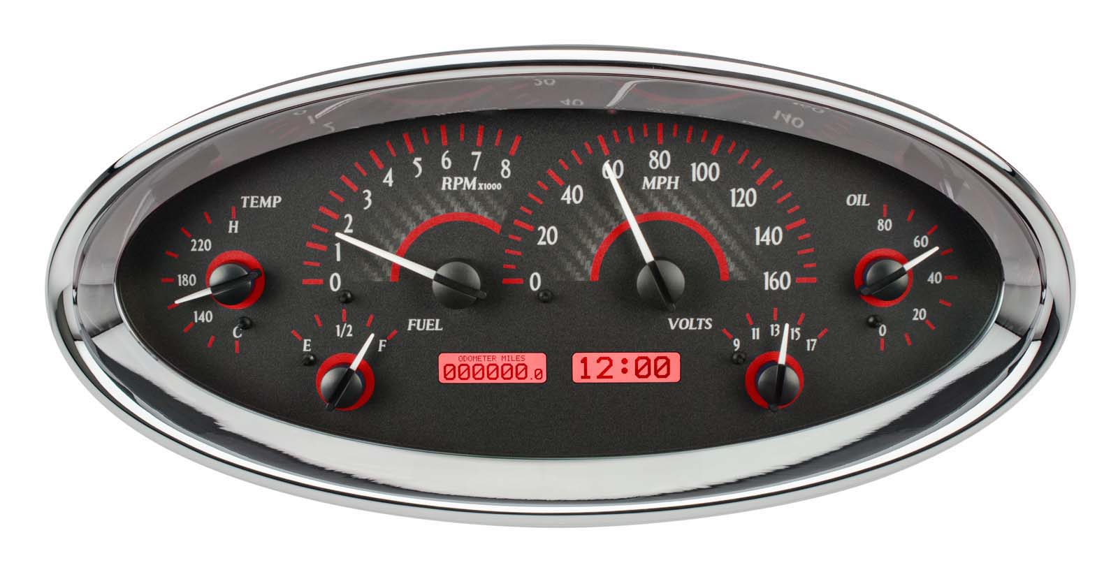 Dakota Digital Universal Oval Analog Gauges Carbon Fiber Red VHX1017C