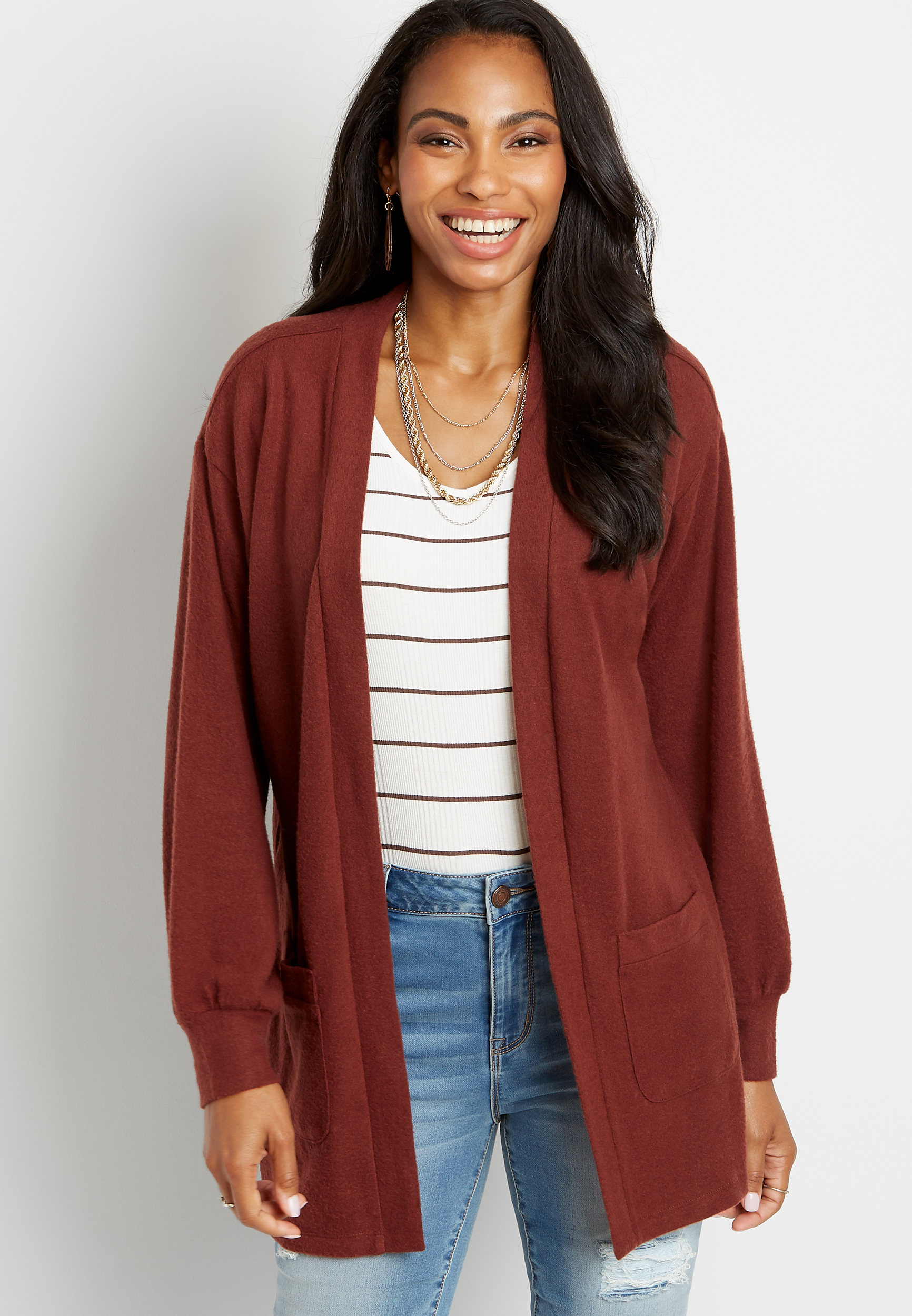 Solid Brown Open Front Cardigan maurices