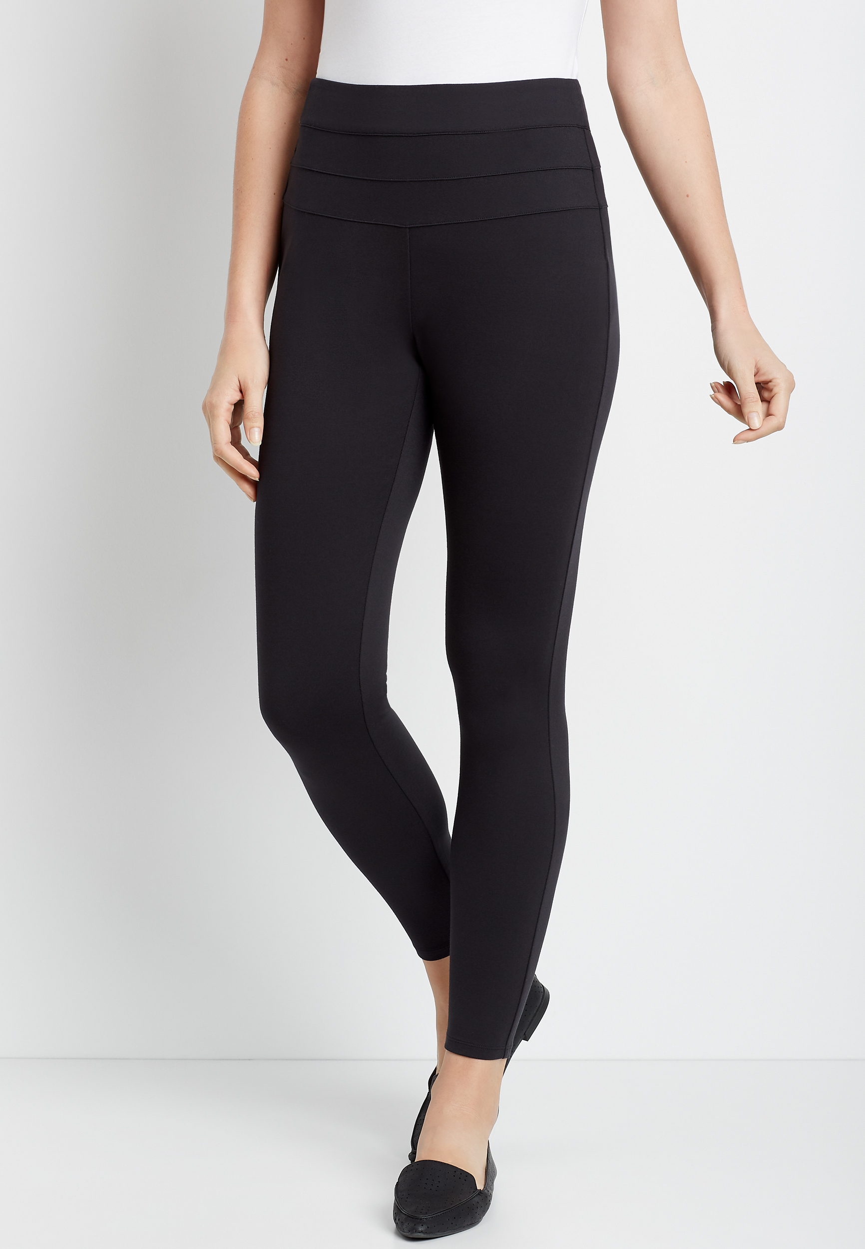 Black High Rise Ponte Knit Stacked Waist Skinny Ankle Pant maurices