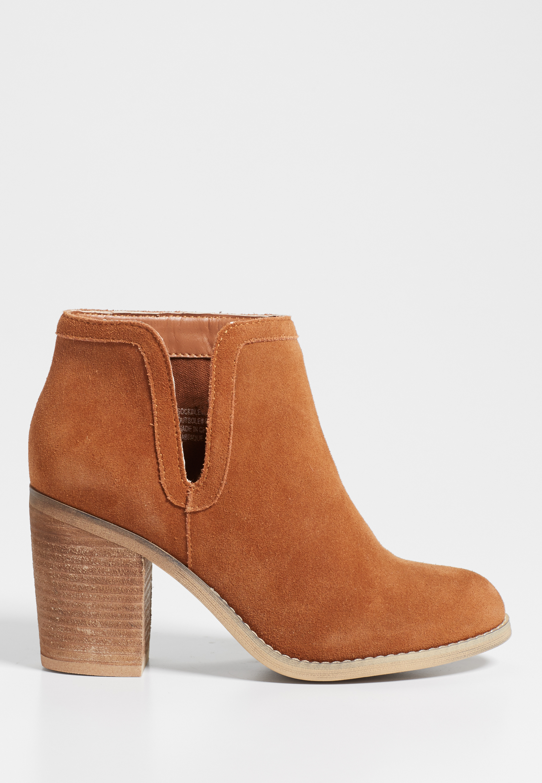 Macy genuine suede heeled bootie with cutout in cognac maurices
