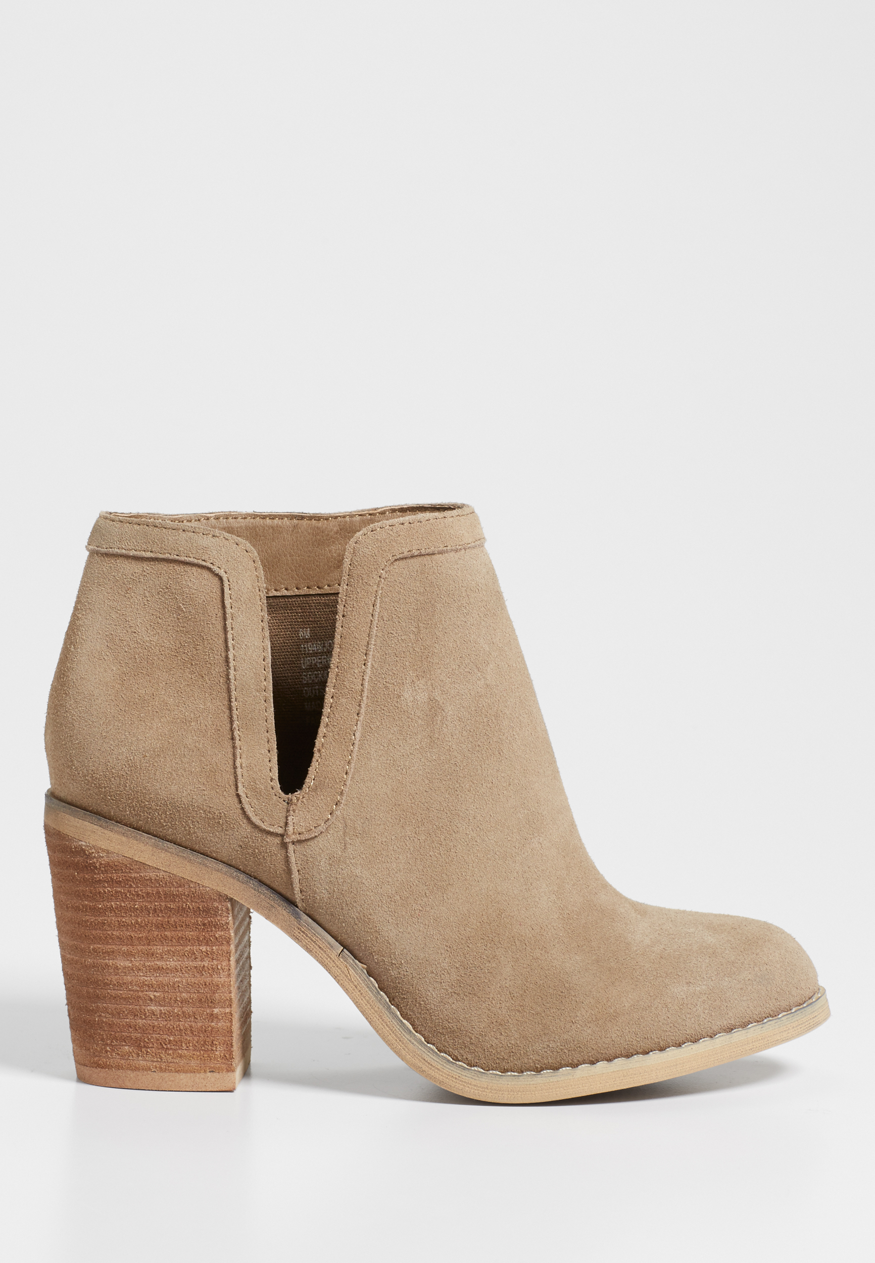 Macy genuine suede heeled bootie with cutout in taupe maurices