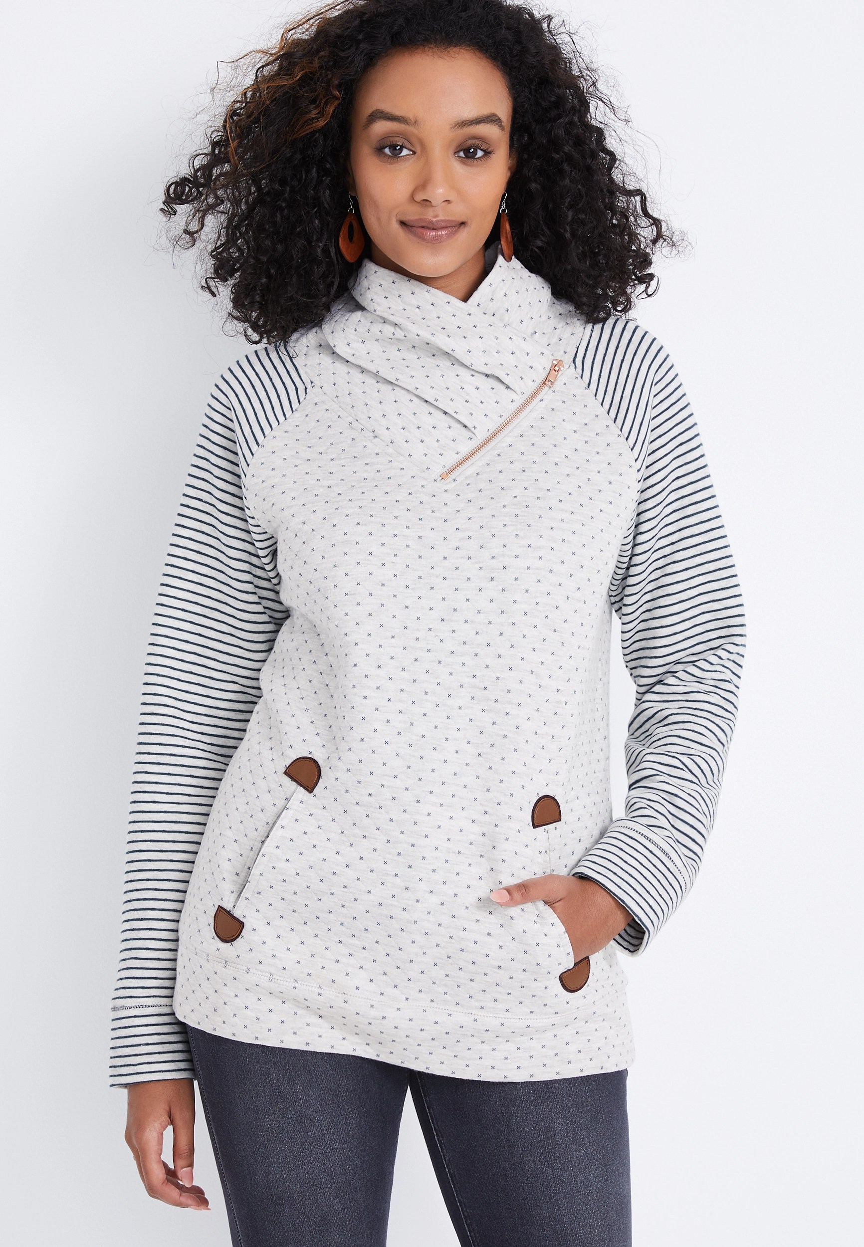 Oatmeal Striped Sleeve Asymmetric Cowl Neck Sweatshirt maurices