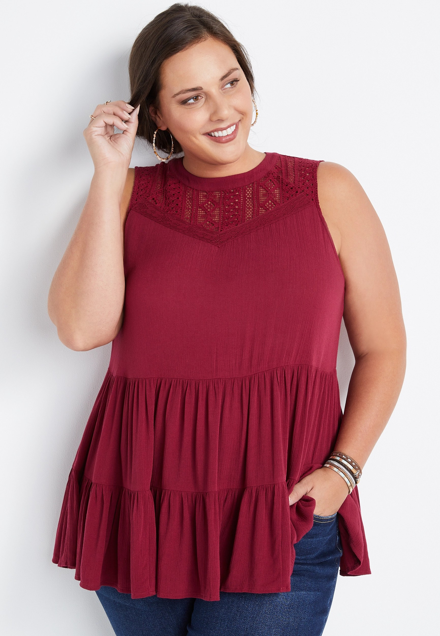 Plus Size Red Lace Babydoll Tank Top maurices
