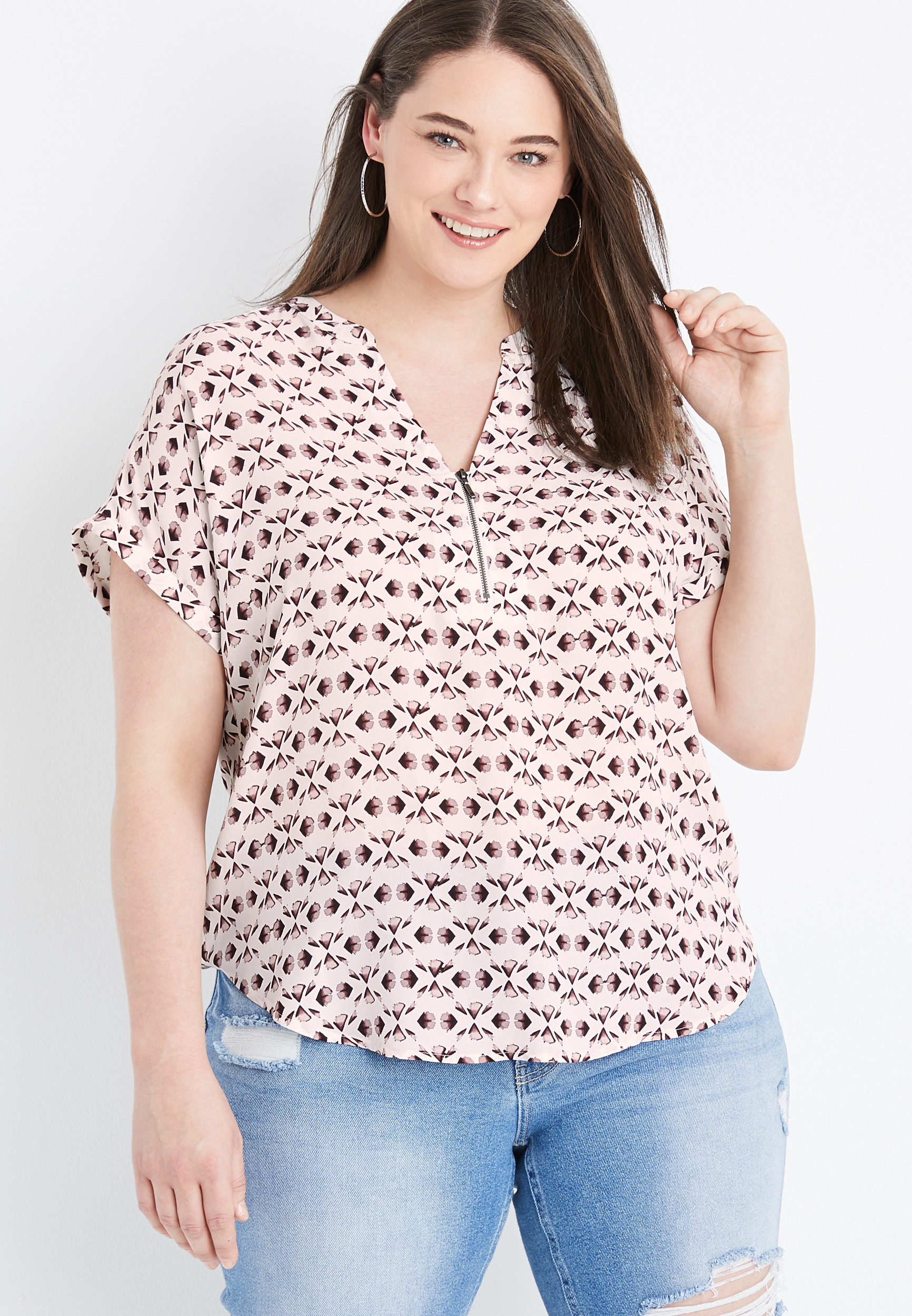 Plus Size Geneva Floral Zipper Neck Blouse maurices