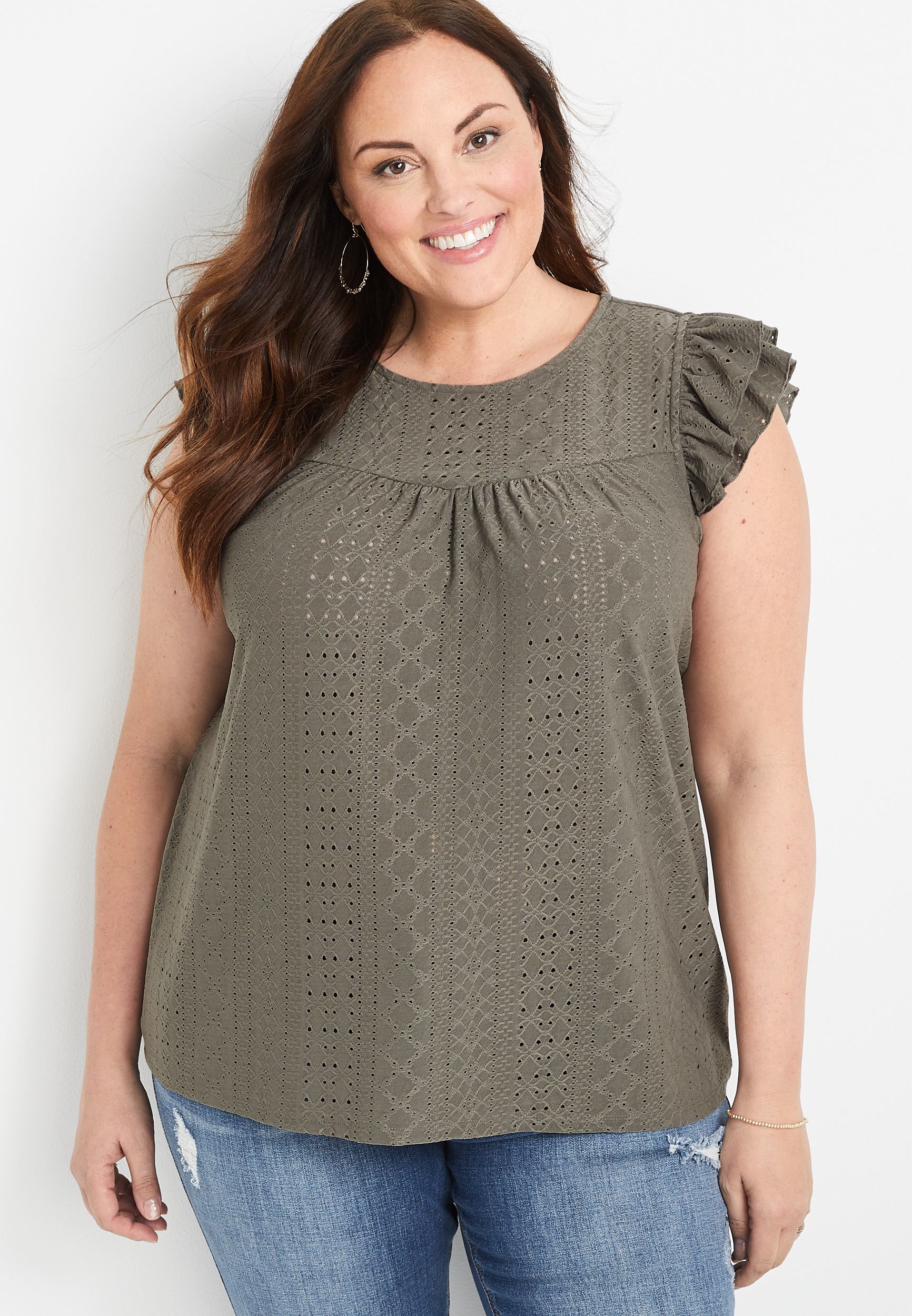 Plus Size Flutter Sleeve Eyelet Babydoll Top maurices