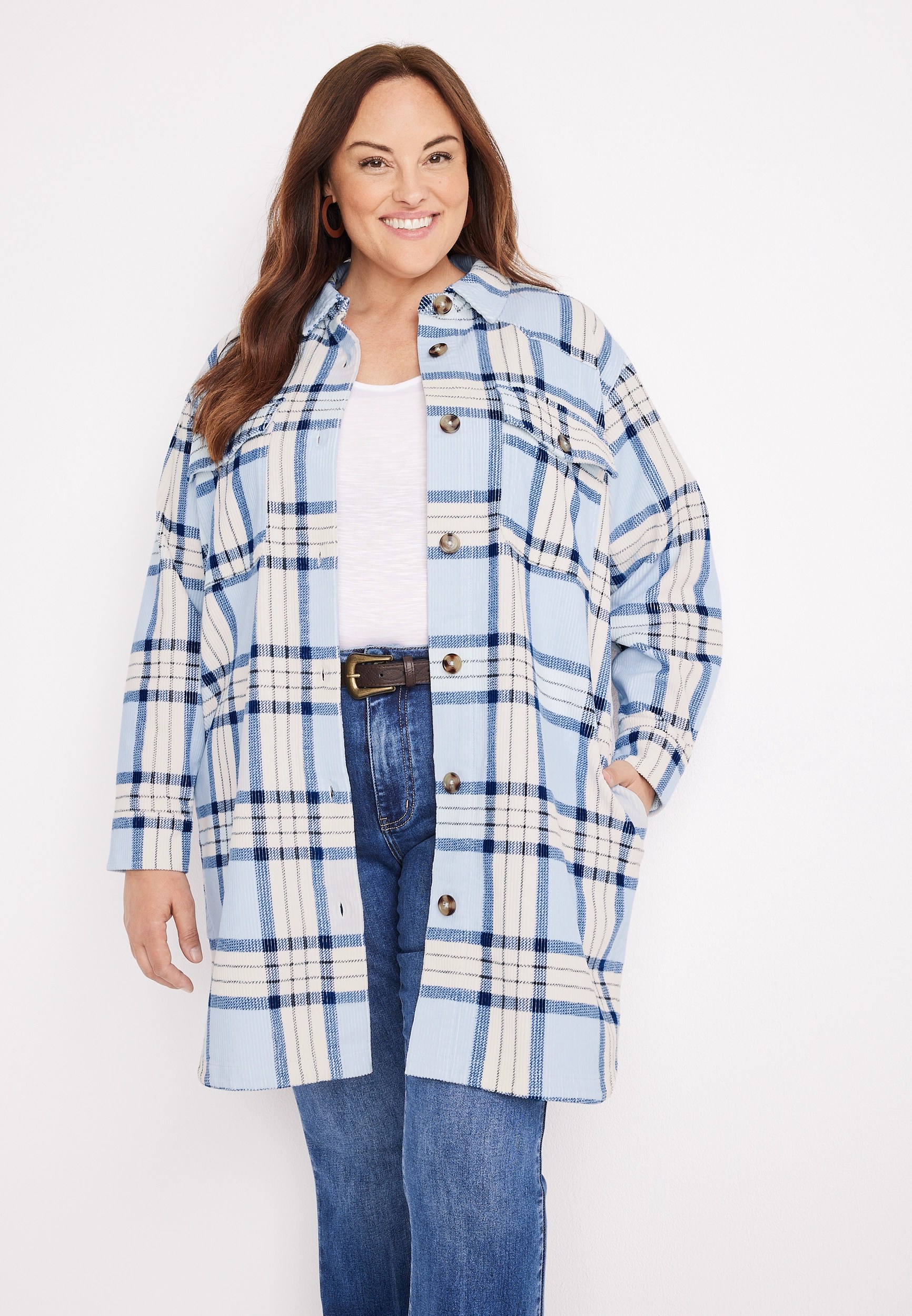 Plus Size Blue Plaid Corduroy Shacket maurices