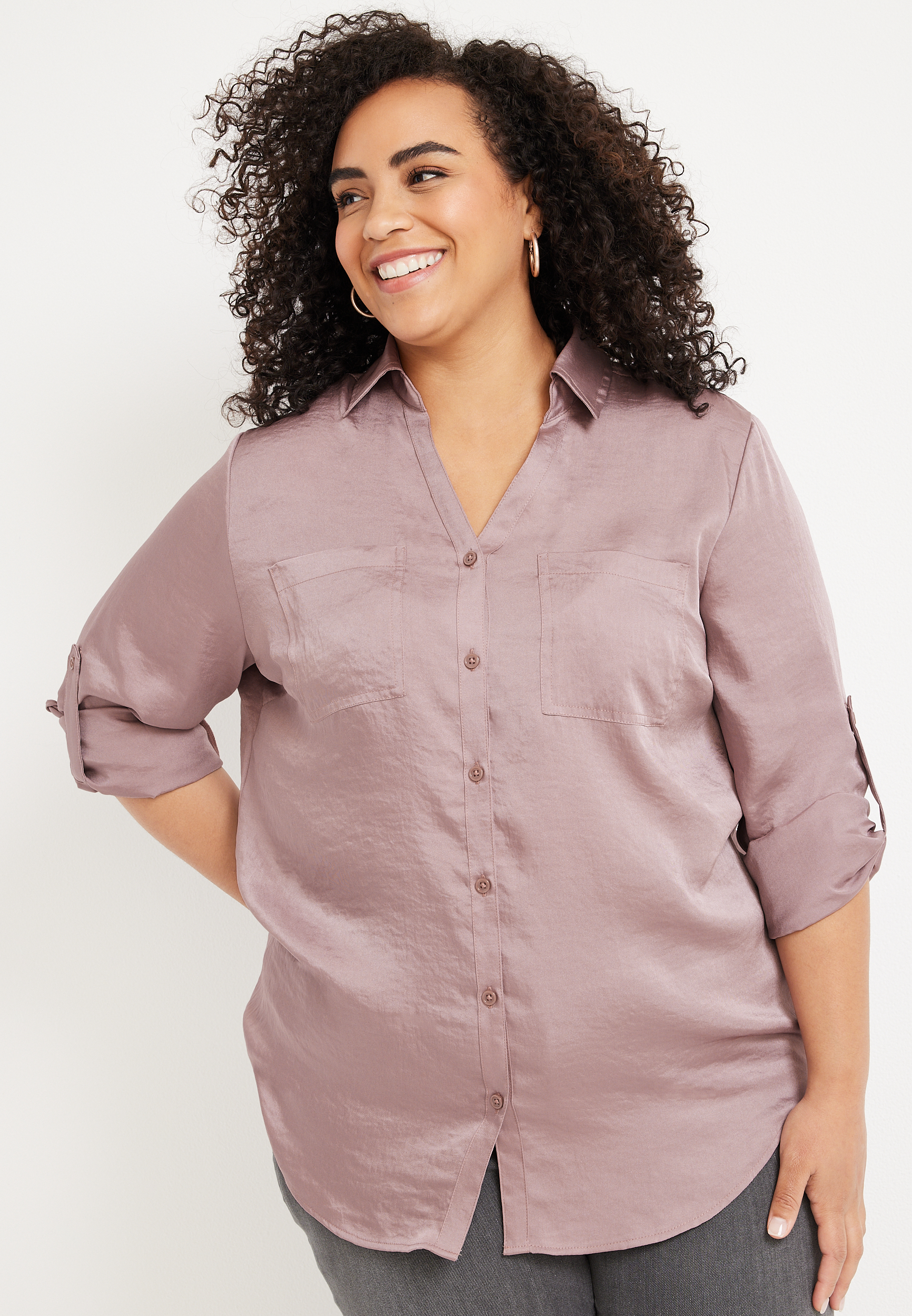 Plus Size Winona Satin Button Down Blouse maurices