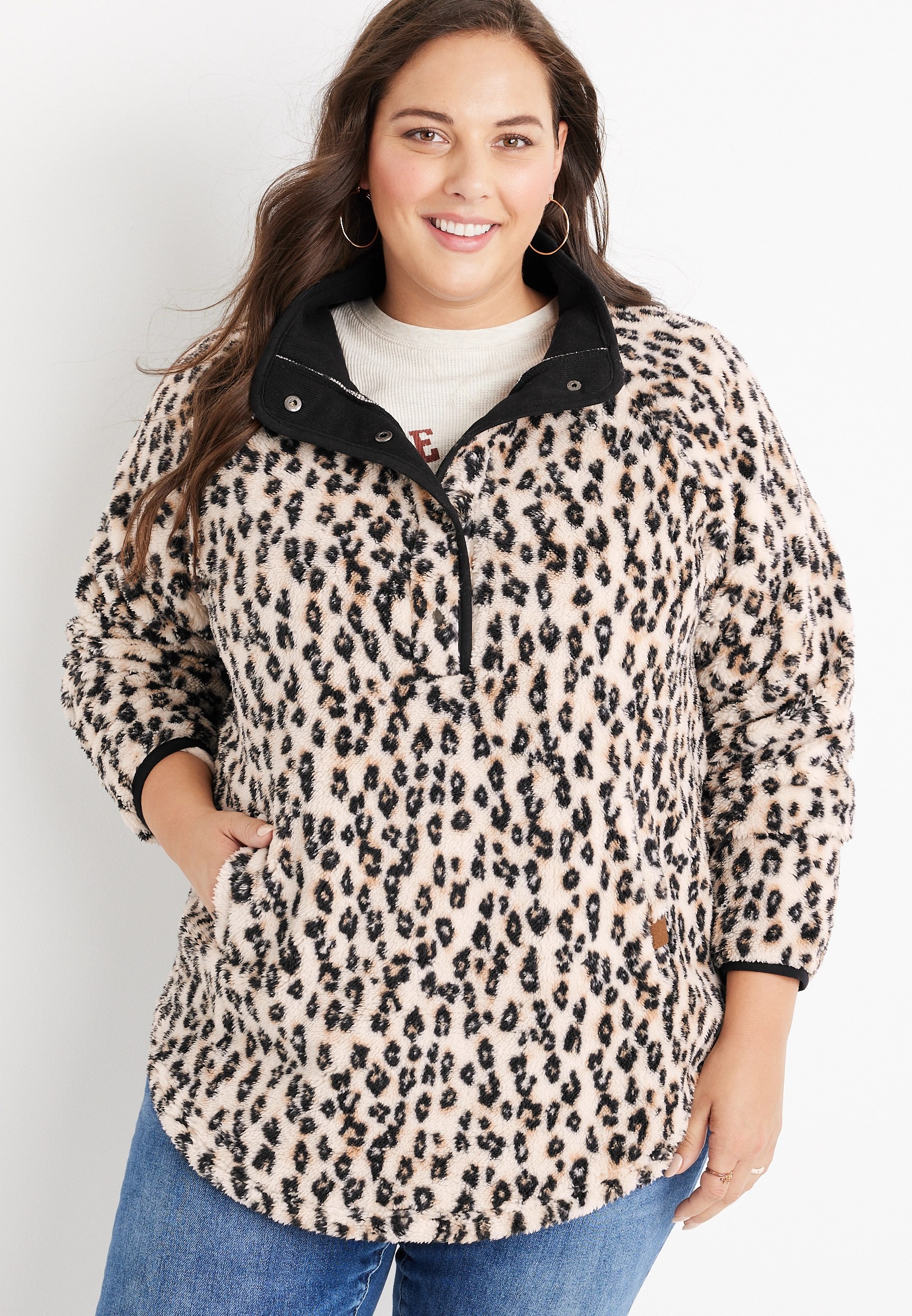Plus Size Lodge Sherpa Animal Print Fleece Sweatshirt maurices