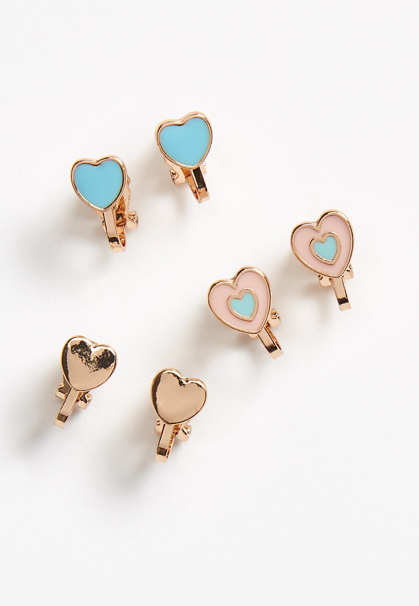 Girls 3 Piece Gold Heart Clip On Earring Set maurices