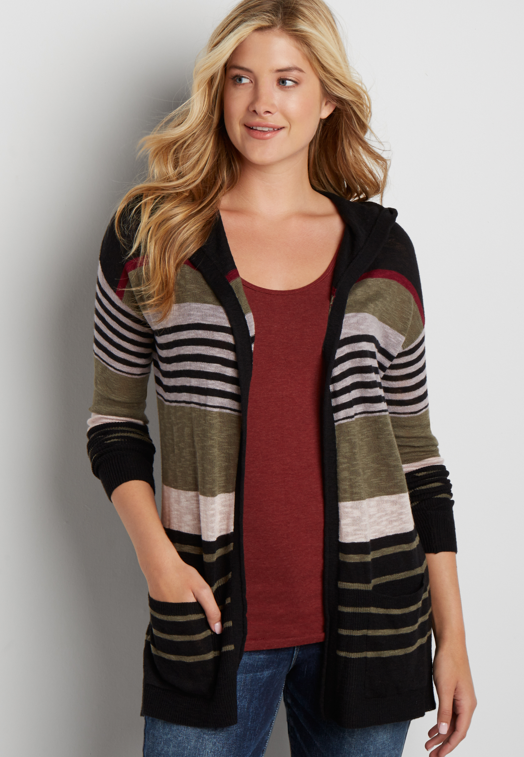 lightweight hooded cardigan with stripes in olive green combo maurices
