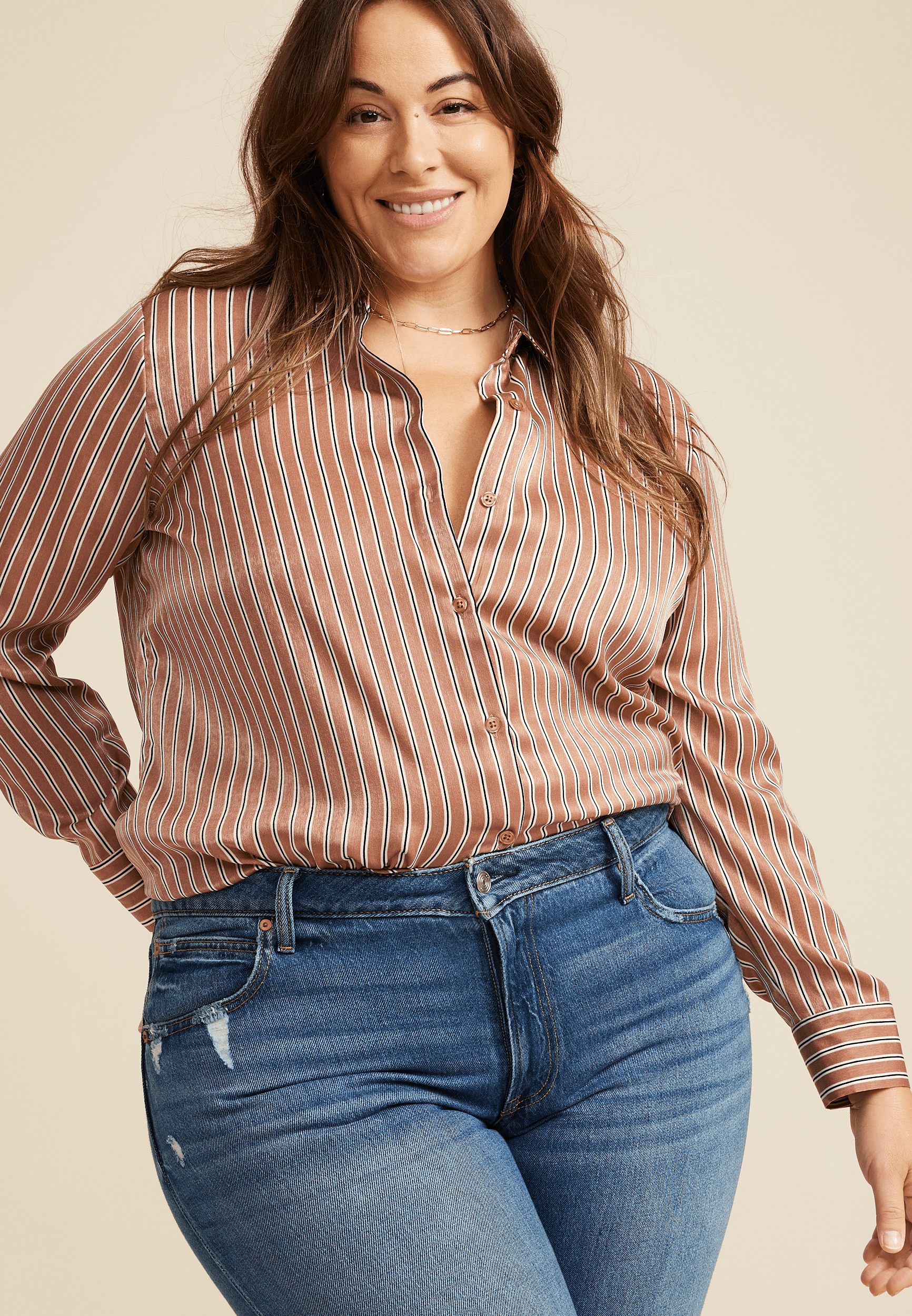 Plus Size Winona Striped Satin Button Down Blouse maurices