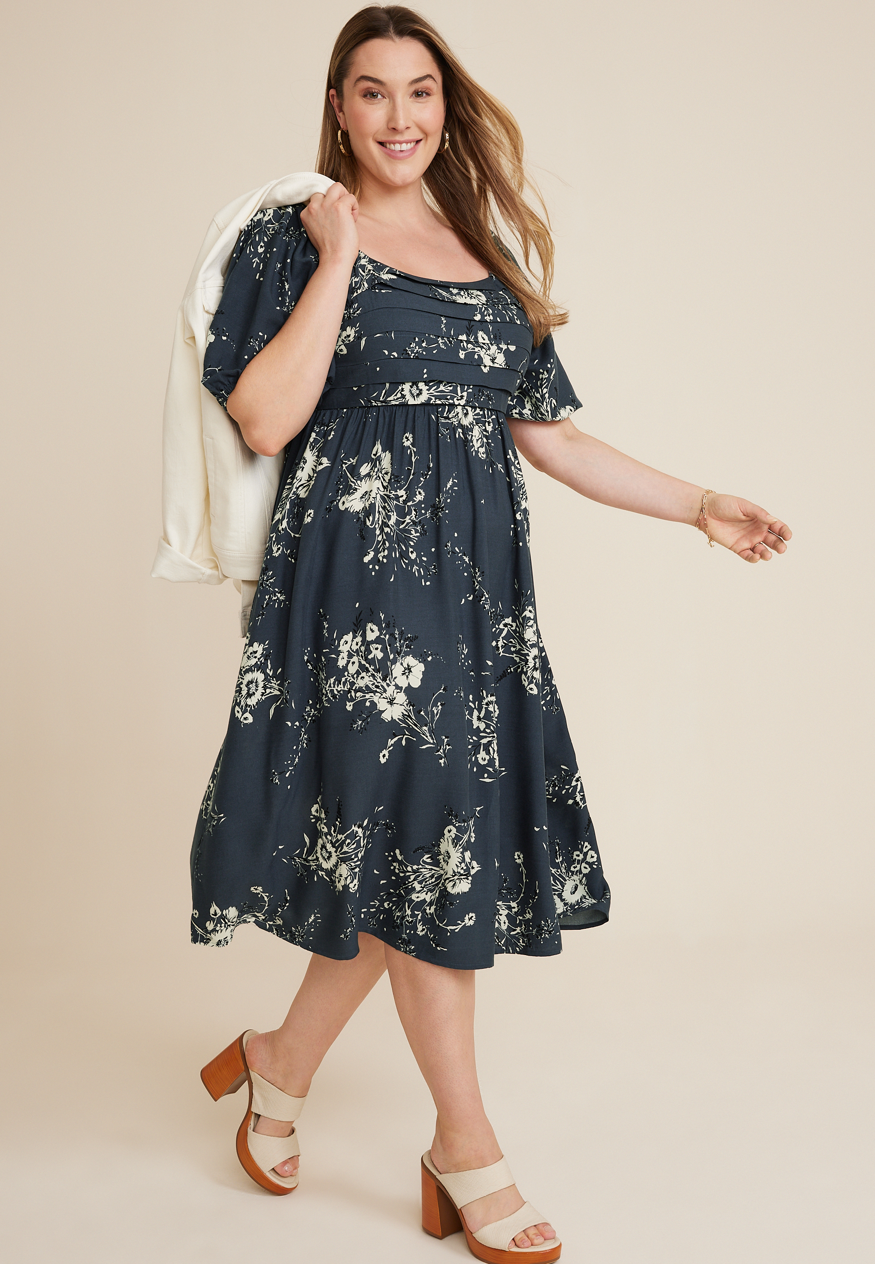Plus Size Floral Pleated Bodice Midi Dress | maurices