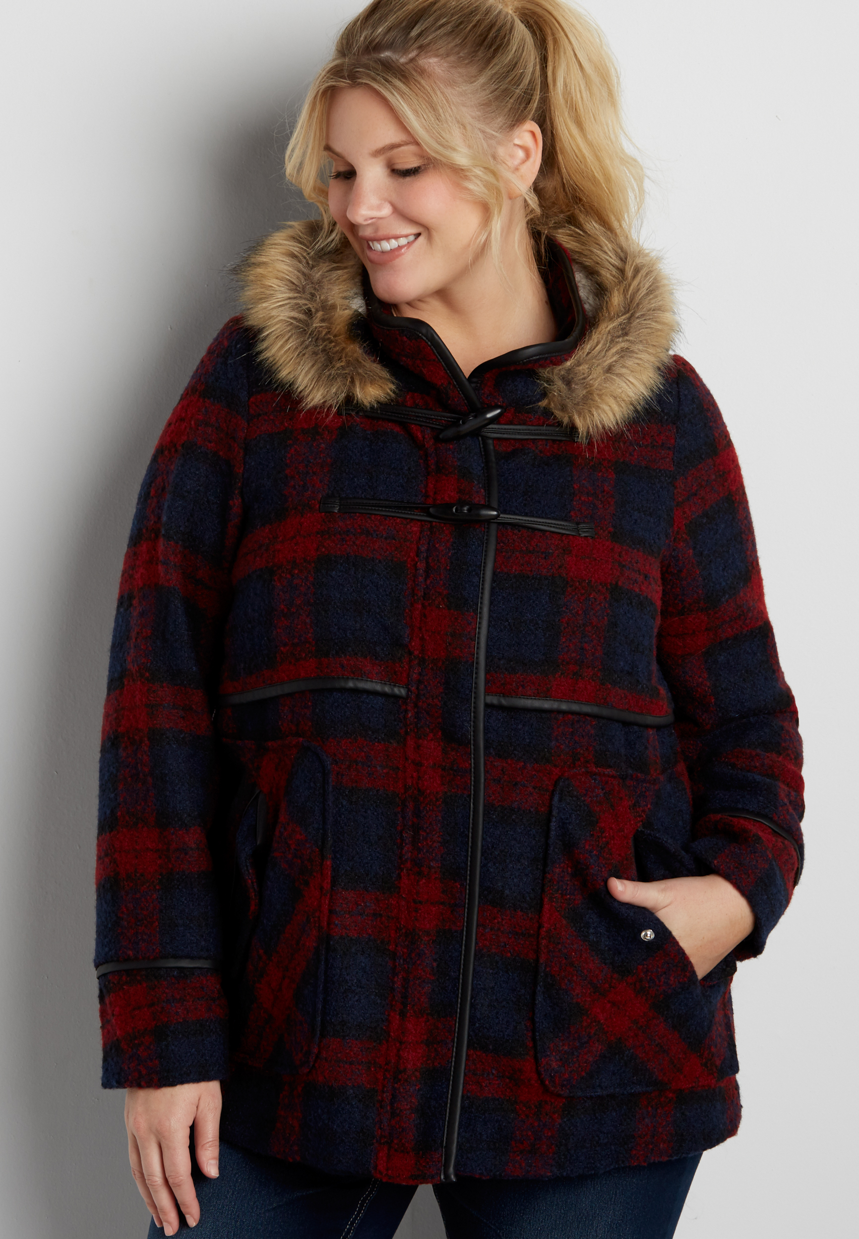 plus size wool blend plaid coat with faux leather trim maurices