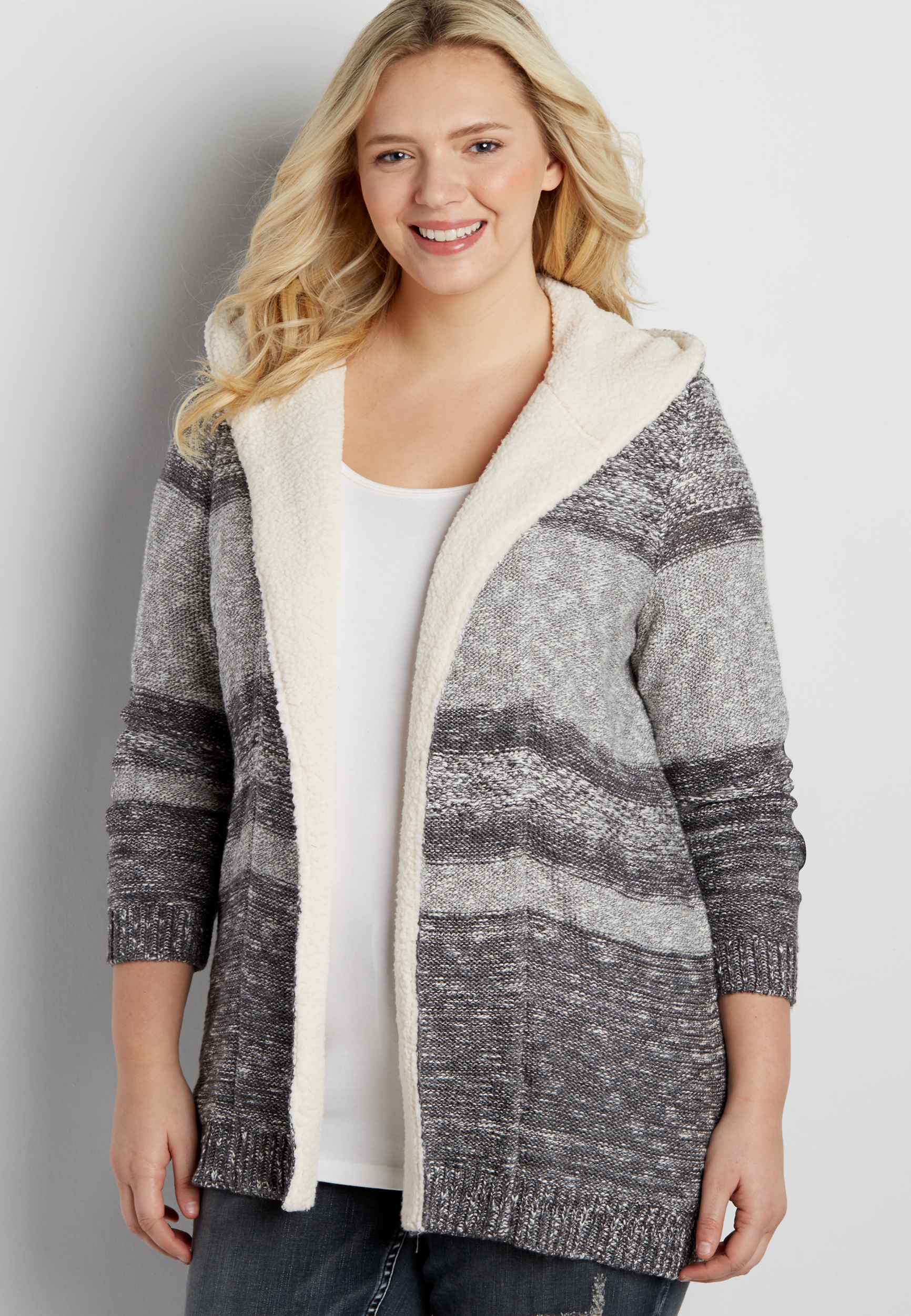 plus size faux sherpa lined hooded cardigan with stripes maurices