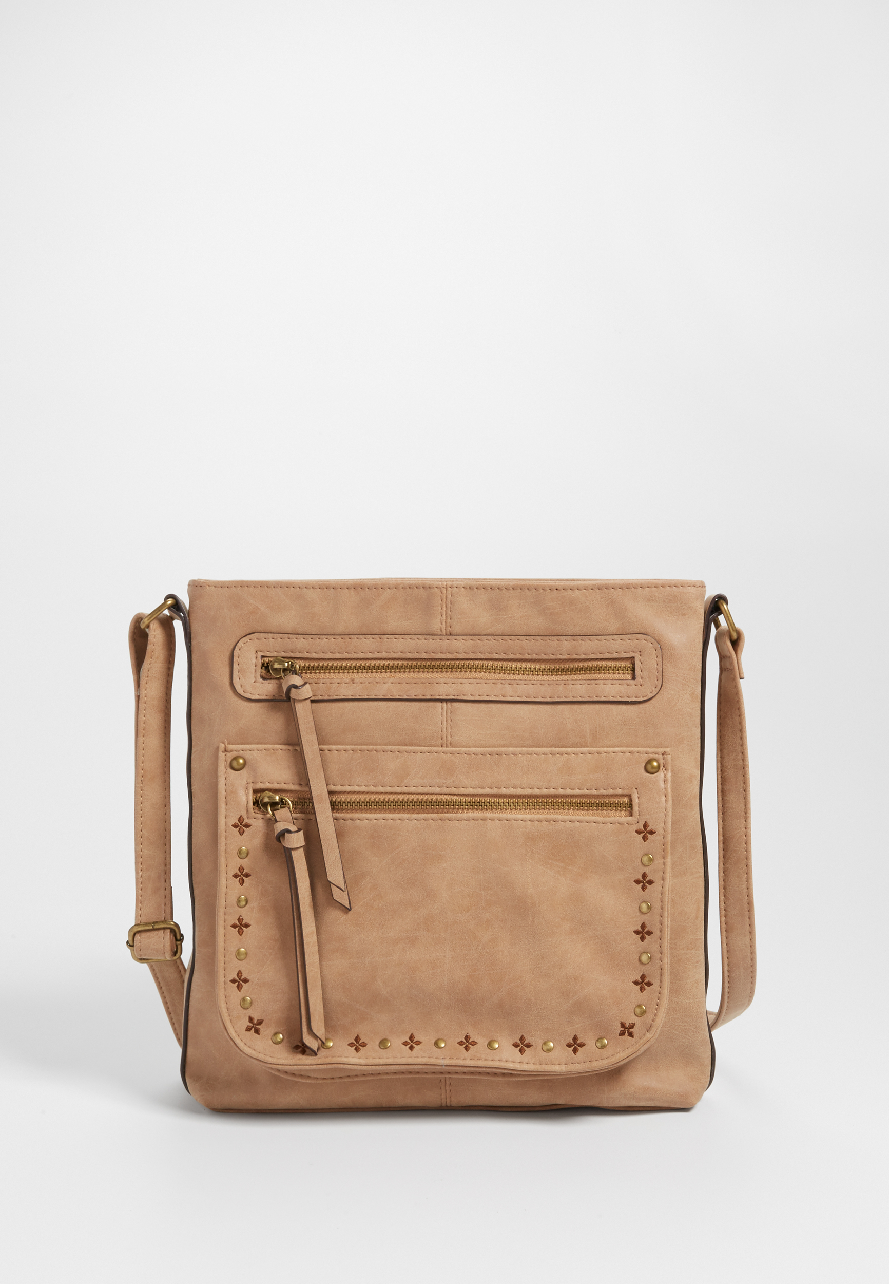 distressed faux leather crossbody bag with embroidery and studs in