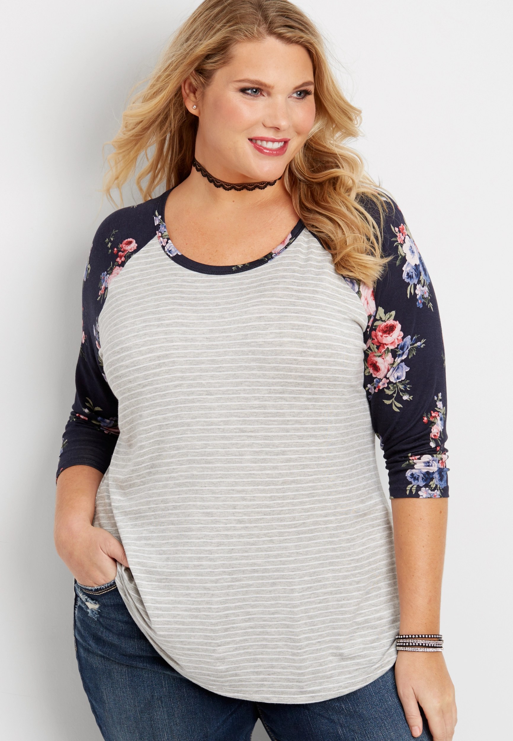 the 24/7 plus size striped baseball tee with floral print sleeves