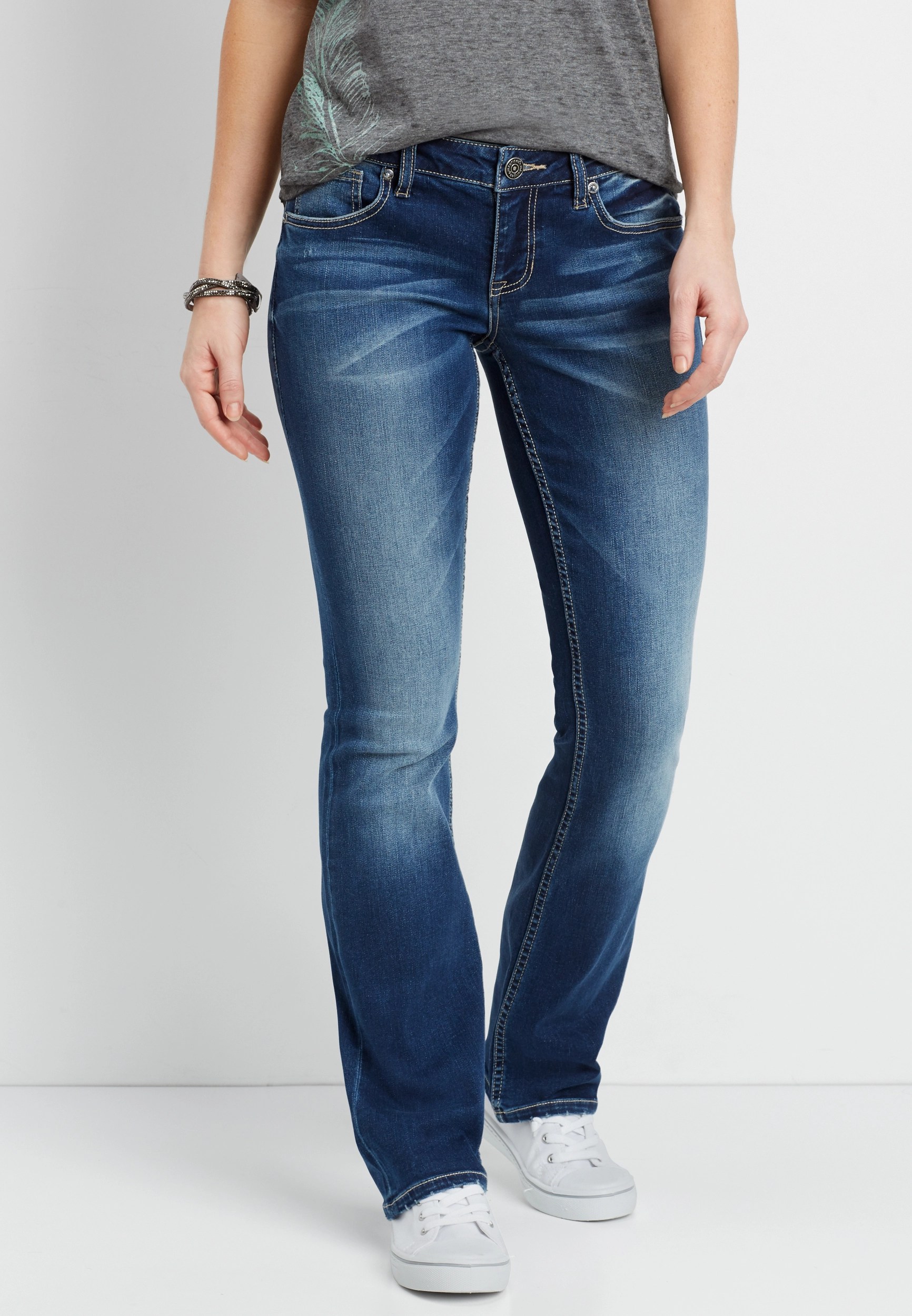 DenimFlex™ sandblasted dark wash bootcut jeans with whiskering maurices