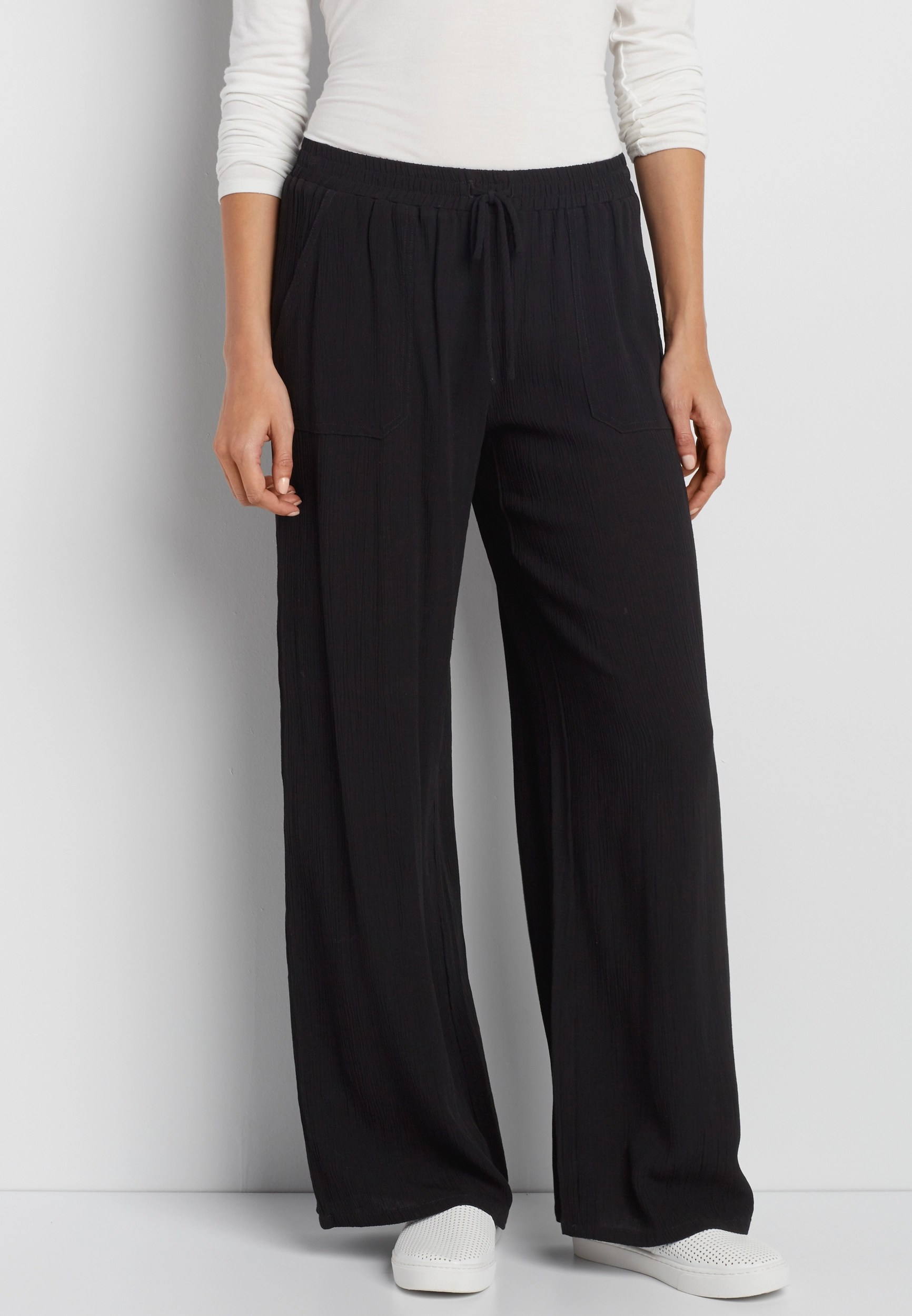 wide leg gauze pant in black maurices