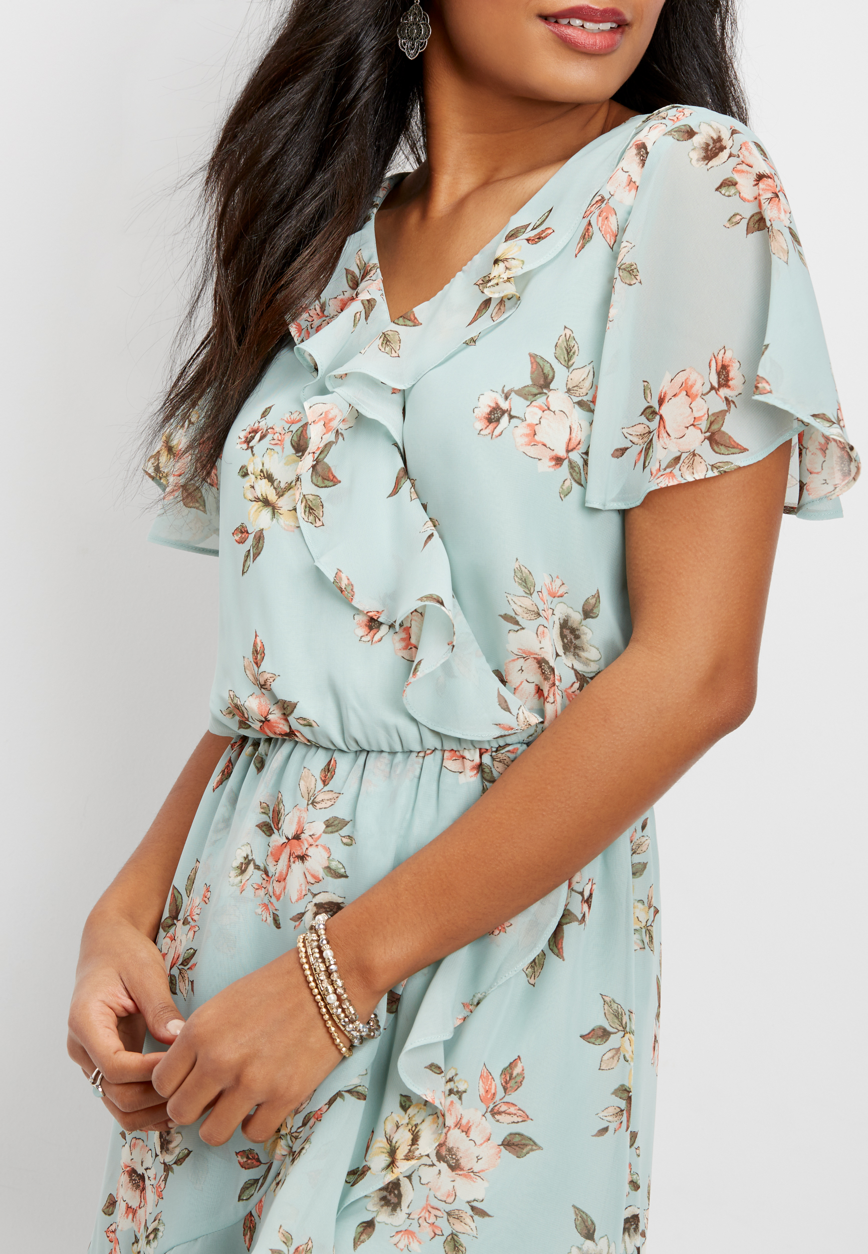 flutter sleeve floral chiffon wrap dress maurices