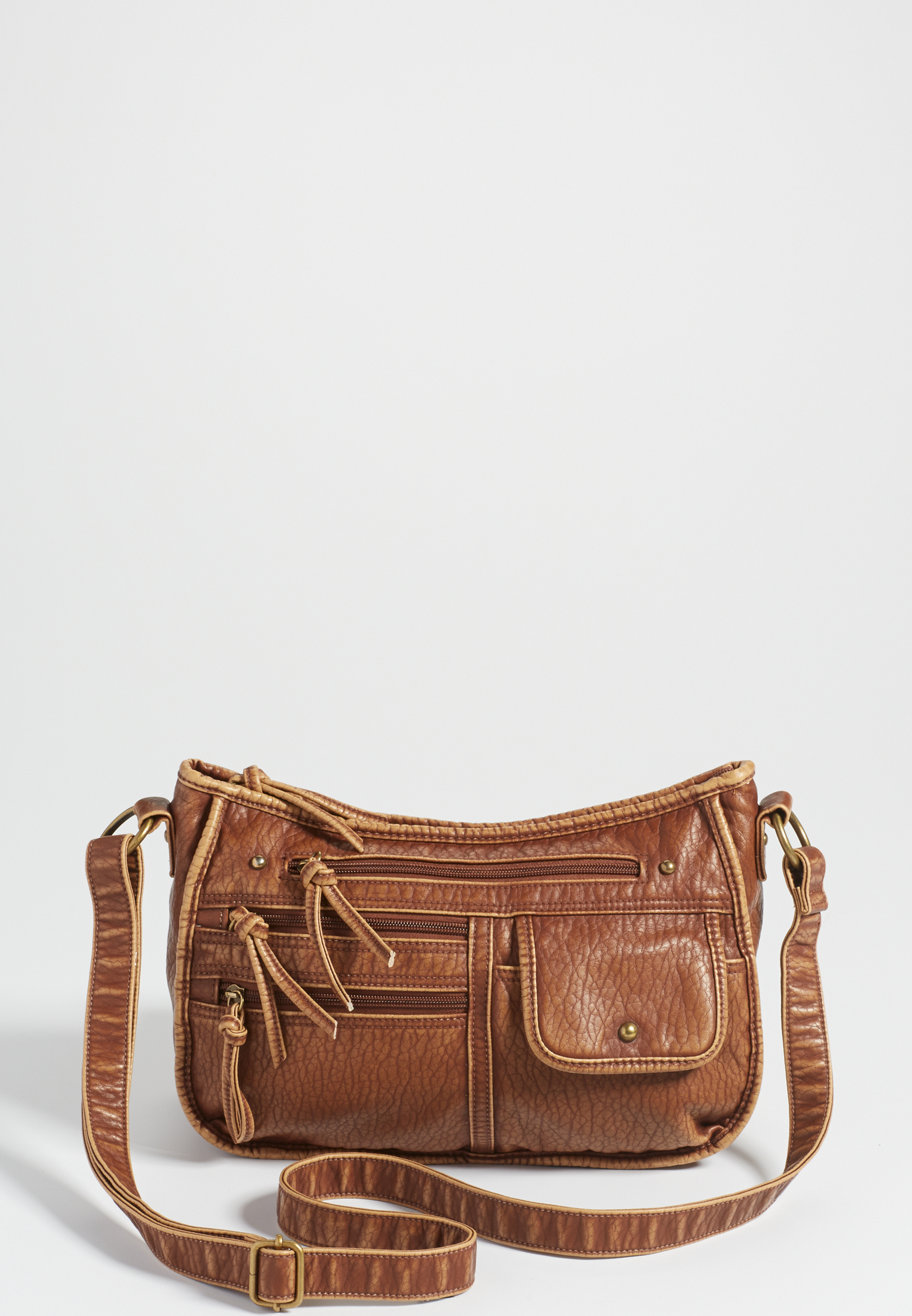 faux leather crossbody bag with four front pockets in cognac maurices