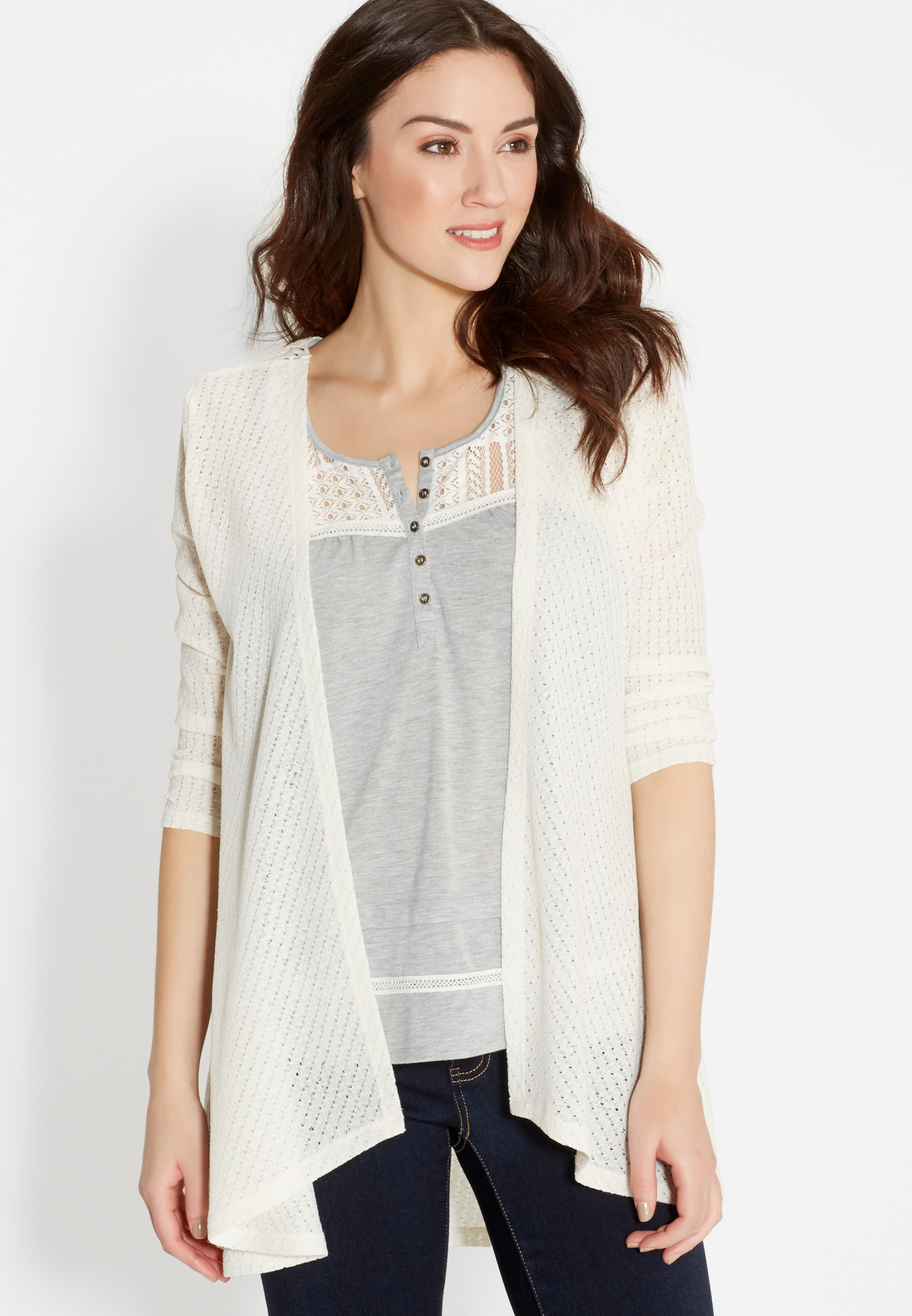 lightweight drape front cardigan with crocheted back maurices