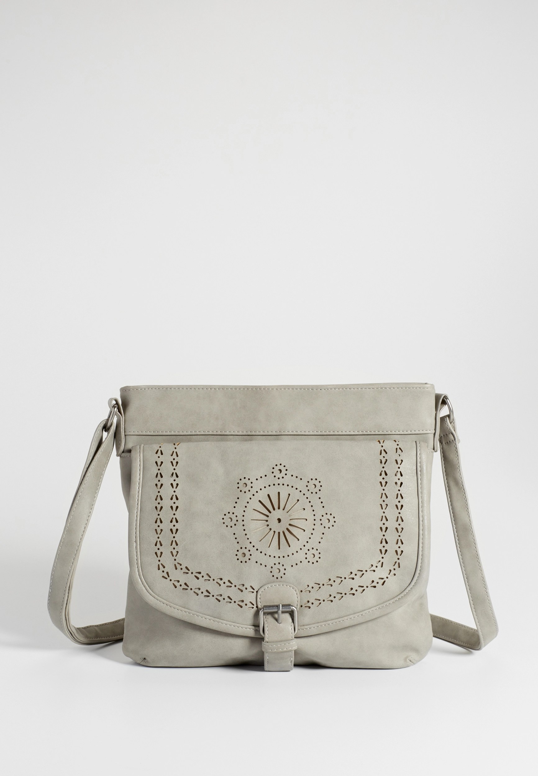 crossbody bag with laser cut flap design in gray maurices