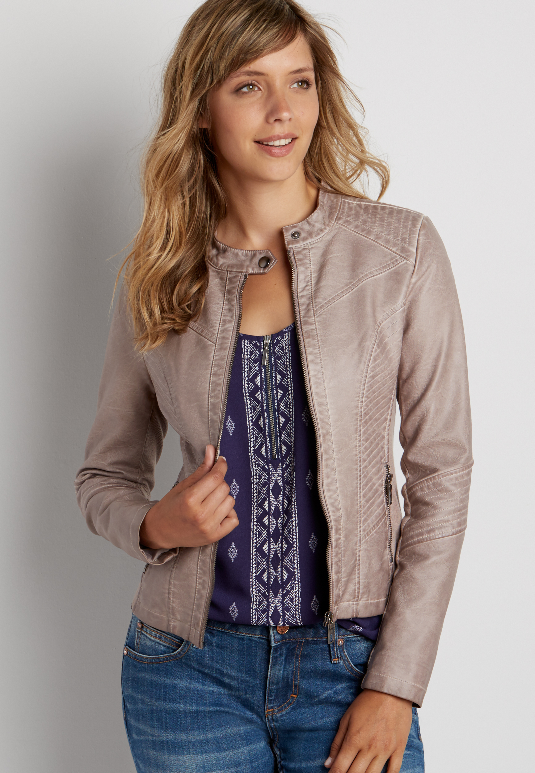 faux leather zip up scuba jacket with knit sides in storm cloud gray