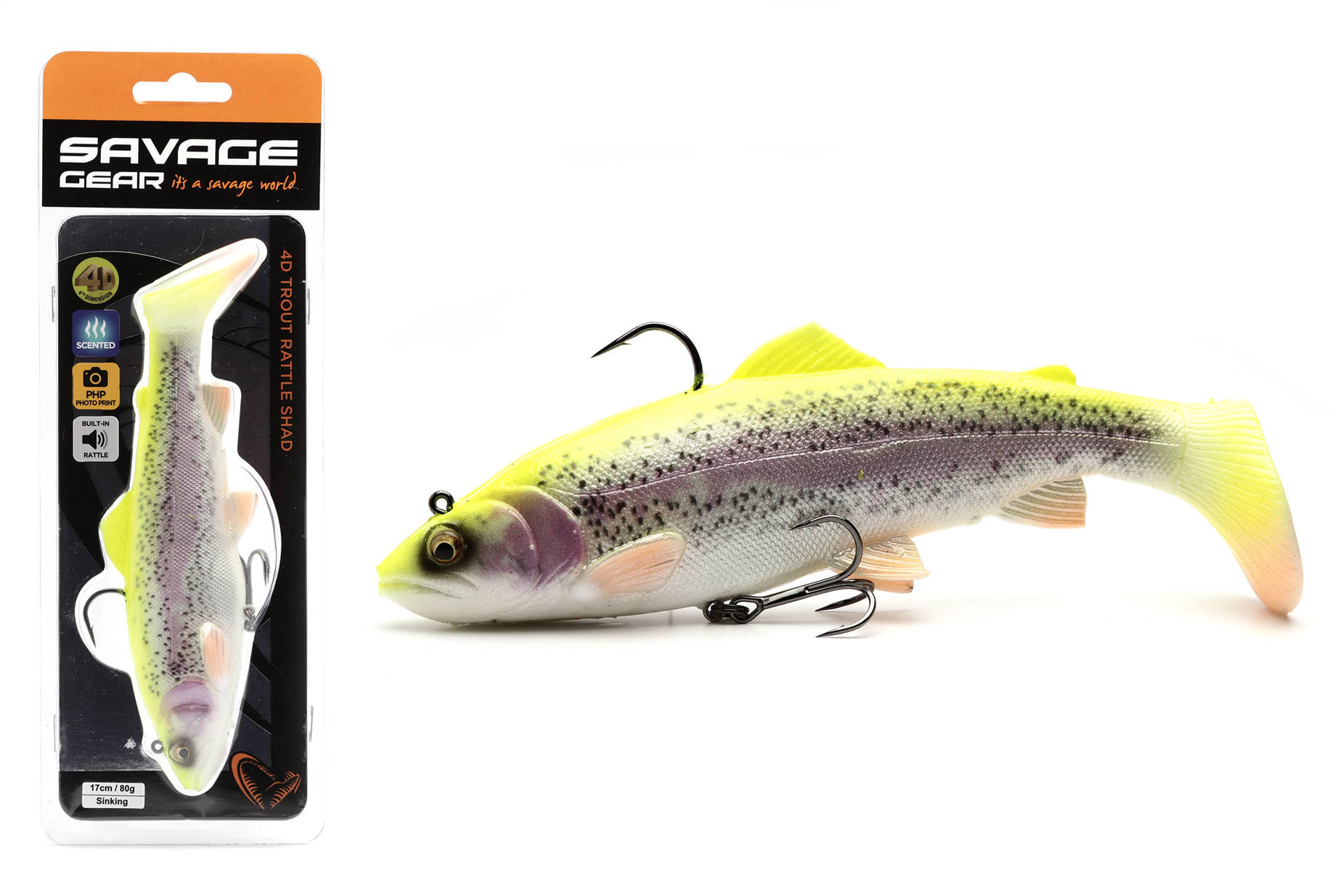 GUMA SAVAGE GEAR 4D RATTLE SHAD LEMON TROUT PRZYNĘTY \ Sztuczne