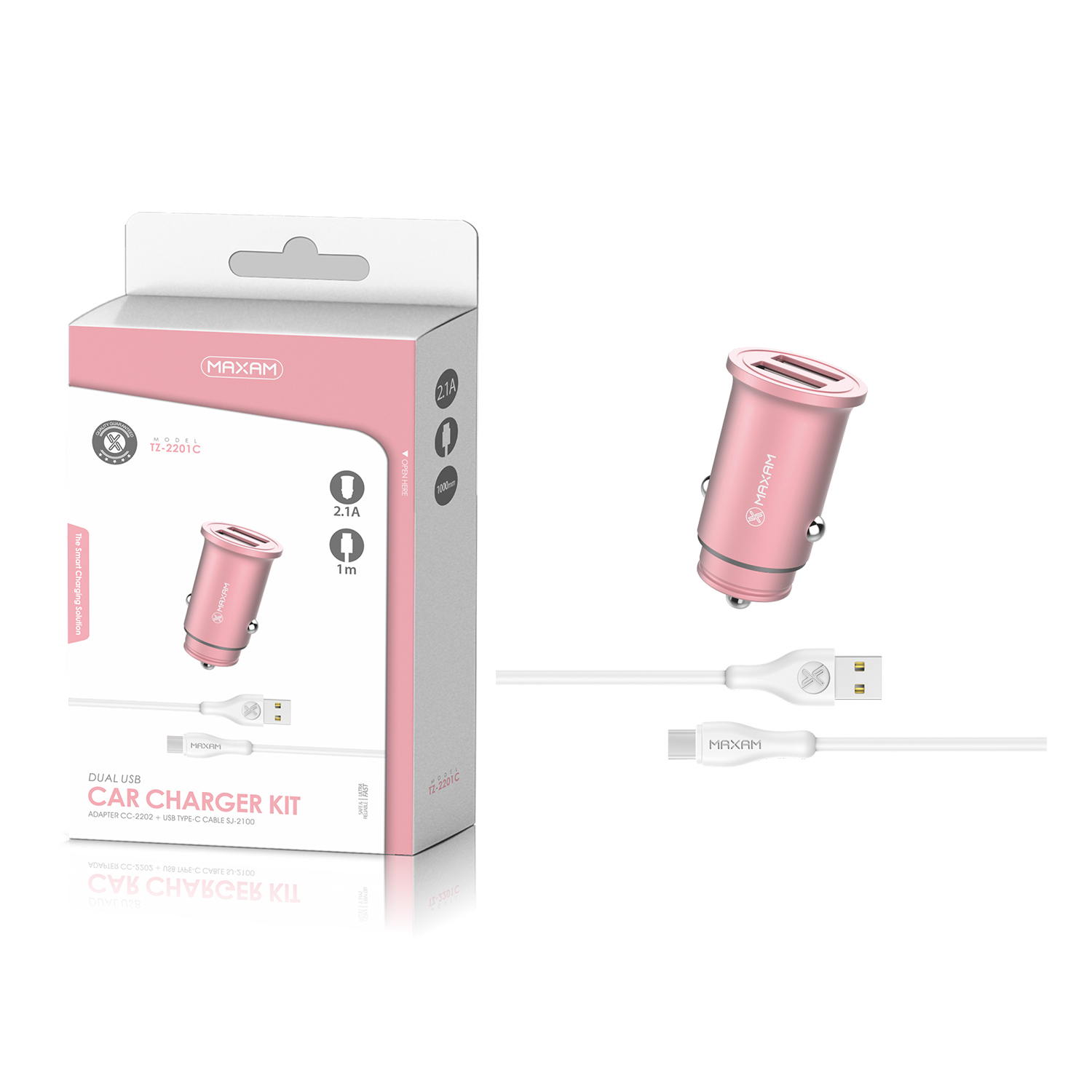 TZ2201C Pink 2USB/2.1A 1M TYPE C CAR CHARGER PACK maxam